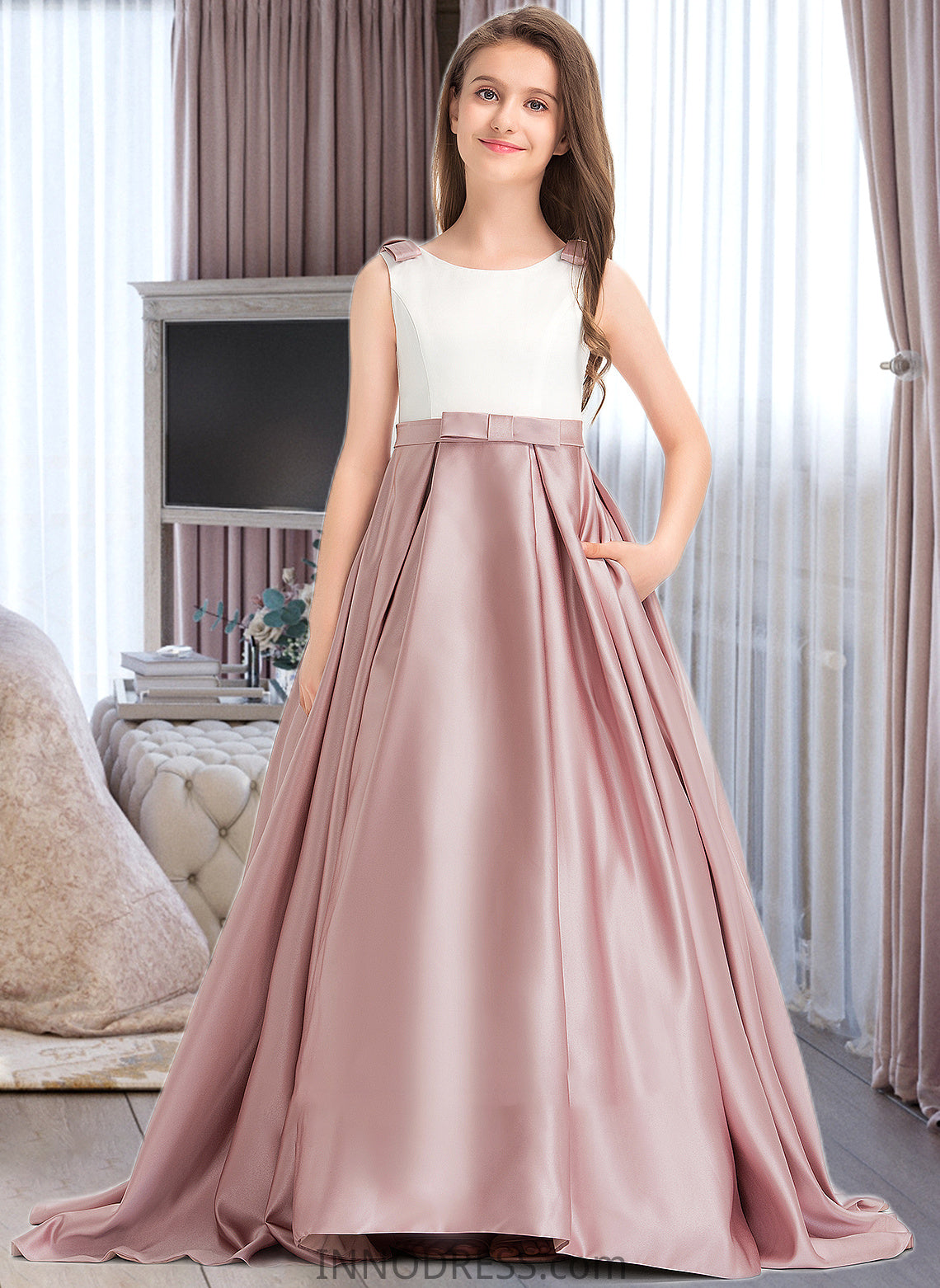 Teresa Ball-Gown/Princess Scoop Neck Sweep Train Satin Junior Bridesmaid Dress With Bow(s) Pockets DPP0013626