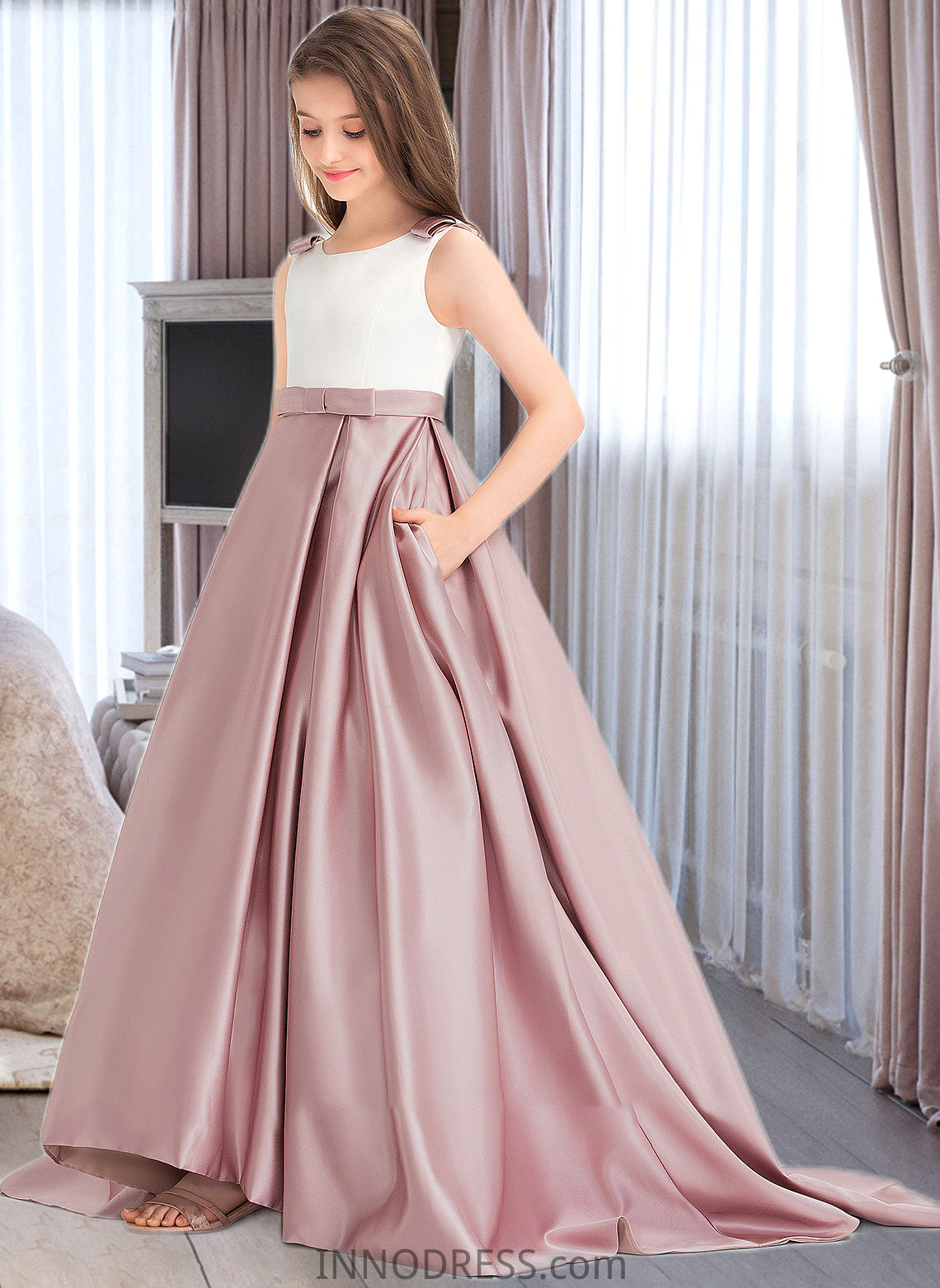 Teresa Ball-Gown/Princess Scoop Neck Sweep Train Satin Junior Bridesmaid Dress With Bow(s) Pockets DPP0013626