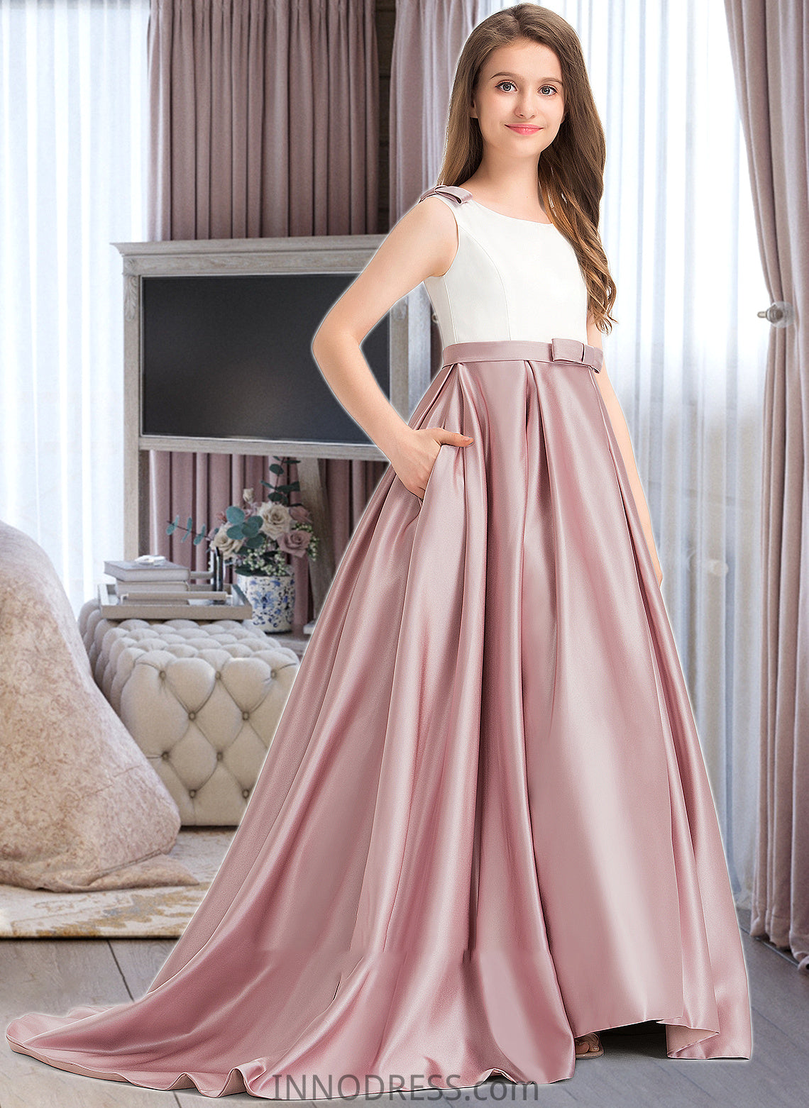 Teresa Ball-Gown/Princess Scoop Neck Sweep Train Satin Junior Bridesmaid Dress With Bow(s) Pockets DPP0013626