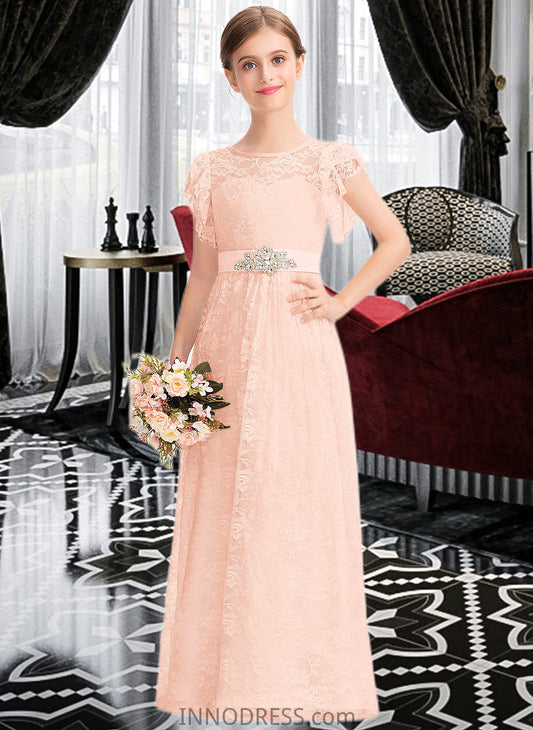 Finley A-Line Scoop Neck Floor-Length Lace Junior Bridesmaid Dress With Beading Bow(s) Cascading Ruffles DPP0013627