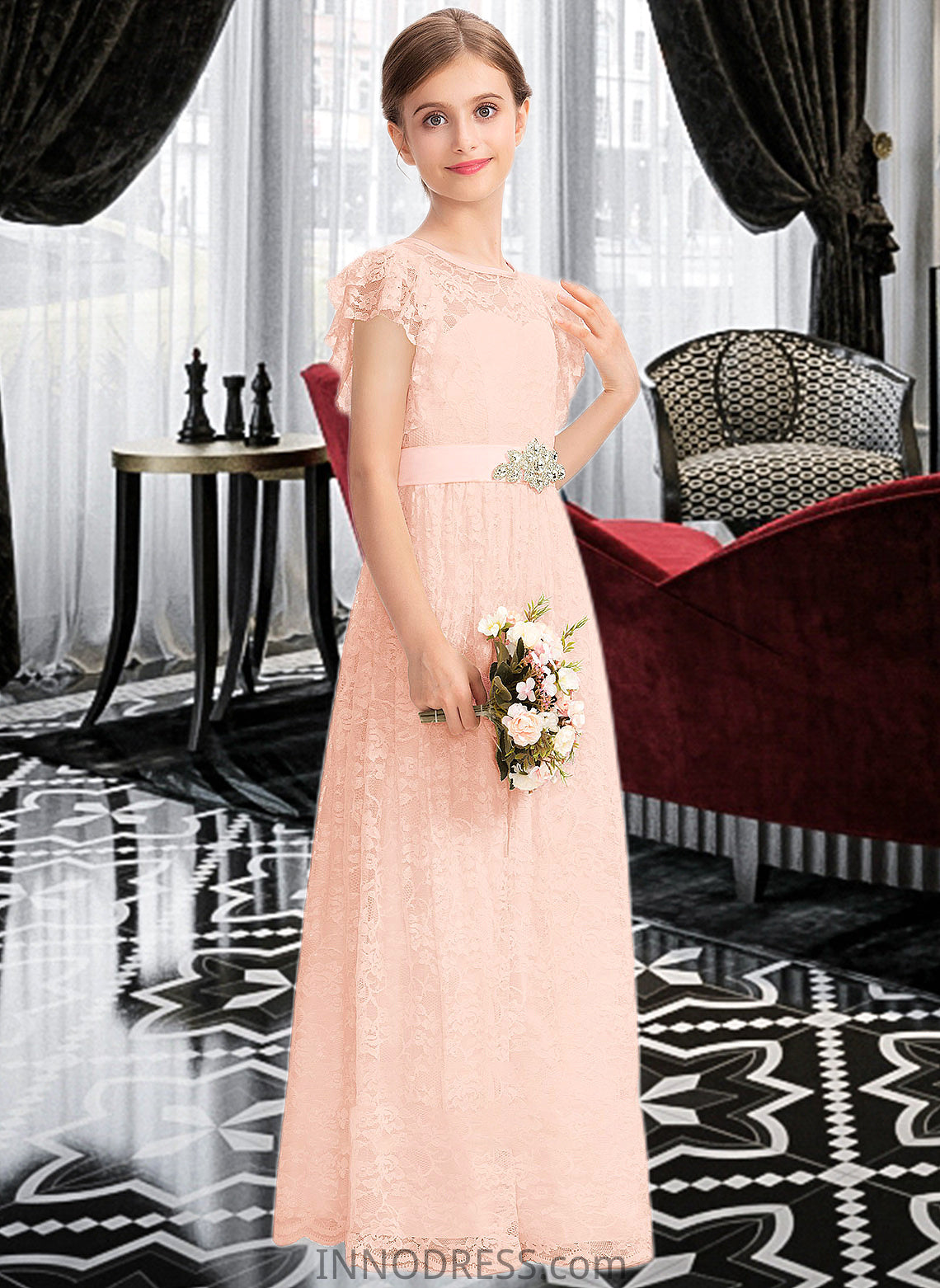 Finley A-Line Scoop Neck Floor-Length Lace Junior Bridesmaid Dress With Beading Bow(s) Cascading Ruffles DPP0013627