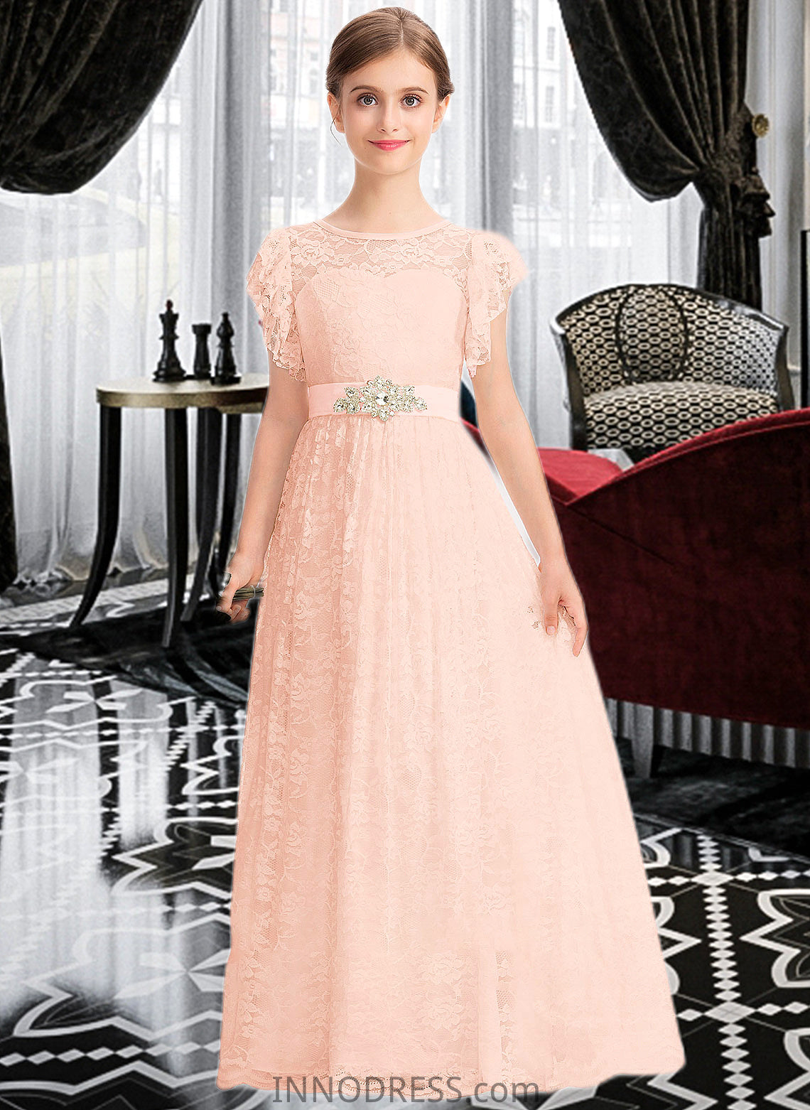 Finley A-Line Scoop Neck Floor-Length Lace Junior Bridesmaid Dress With Beading Bow(s) Cascading Ruffles DPP0013627