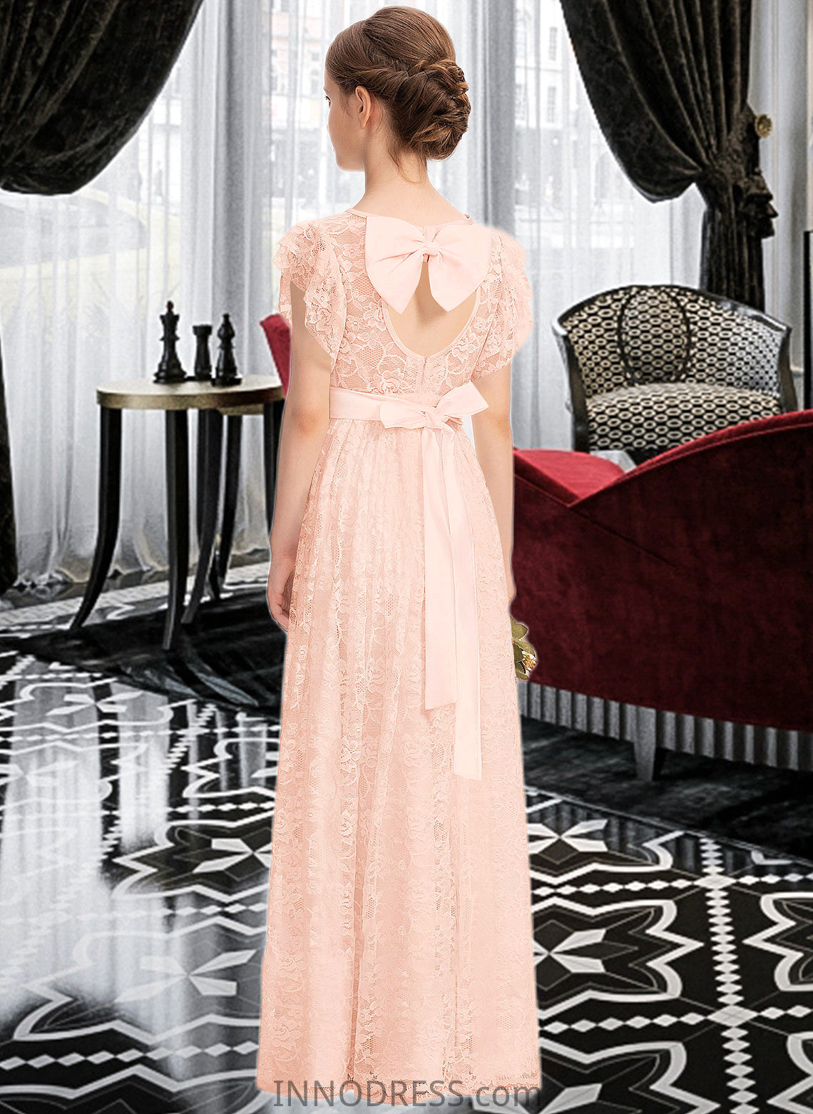 Finley A-Line Scoop Neck Floor-Length Lace Junior Bridesmaid Dress With Beading Bow(s) Cascading Ruffles DPP0013627