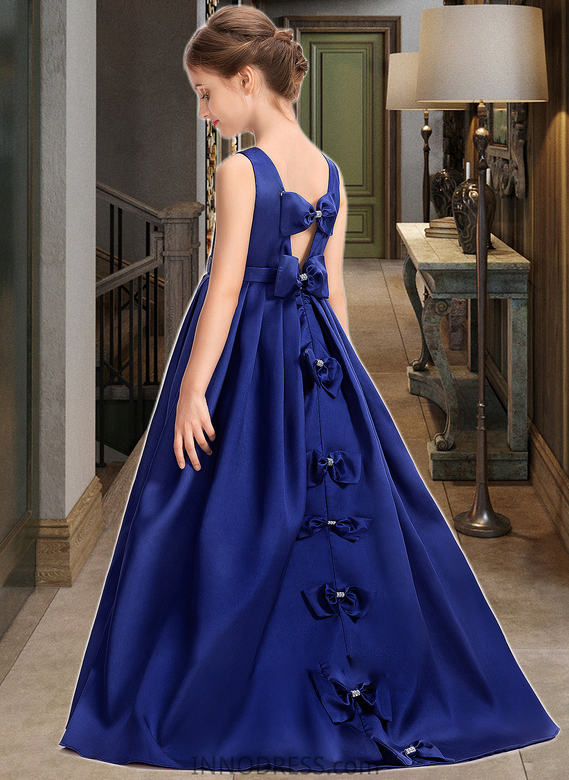 Lainey Ball-Gown/Princess Scoop Neck Sweep Train Satin Junior Bridesmaid Dress With Bow(s) DPP0013628