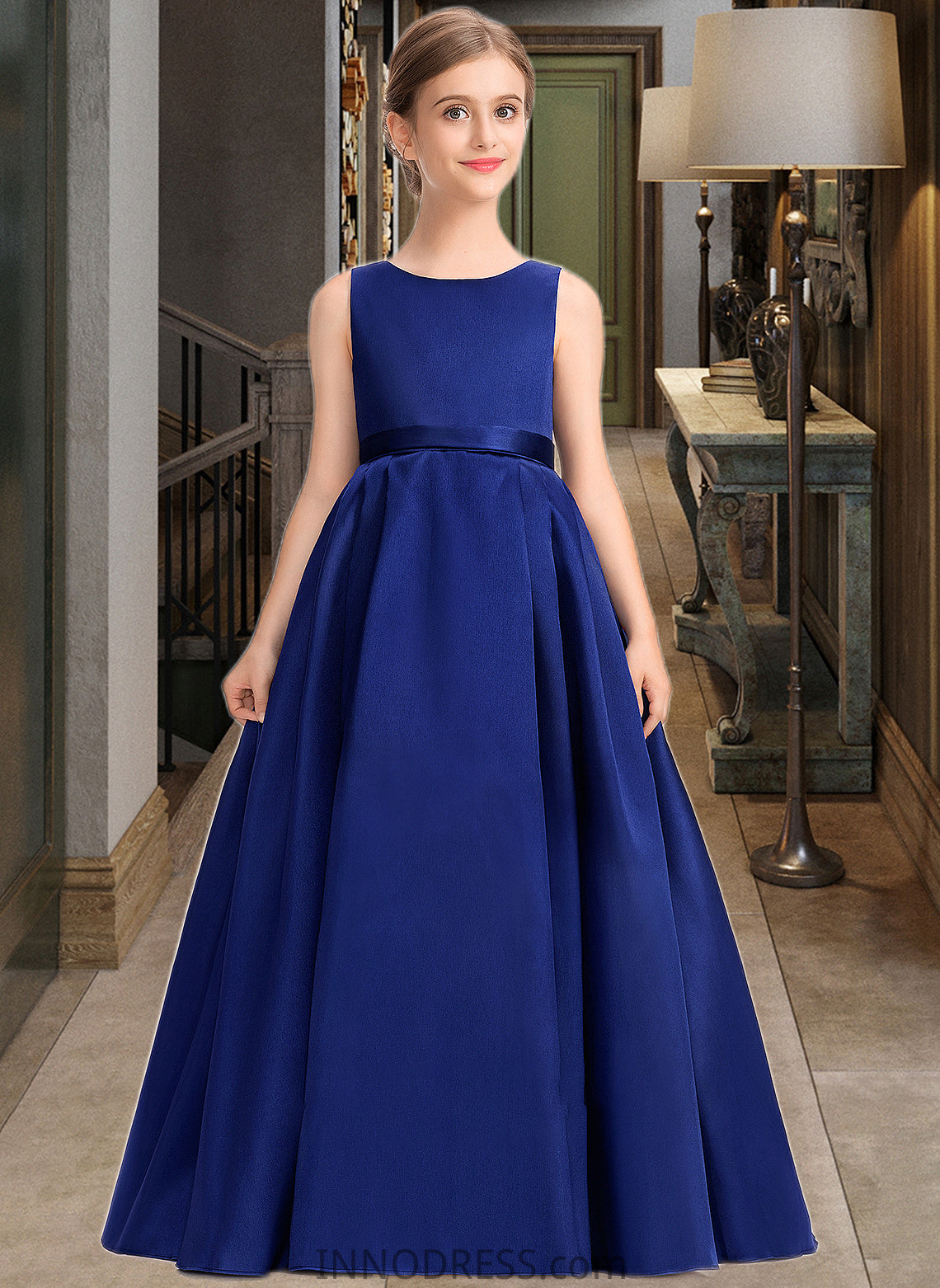 Lainey Ball-Gown/Princess Scoop Neck Sweep Train Satin Junior Bridesmaid Dress With Bow(s) DPP0013628