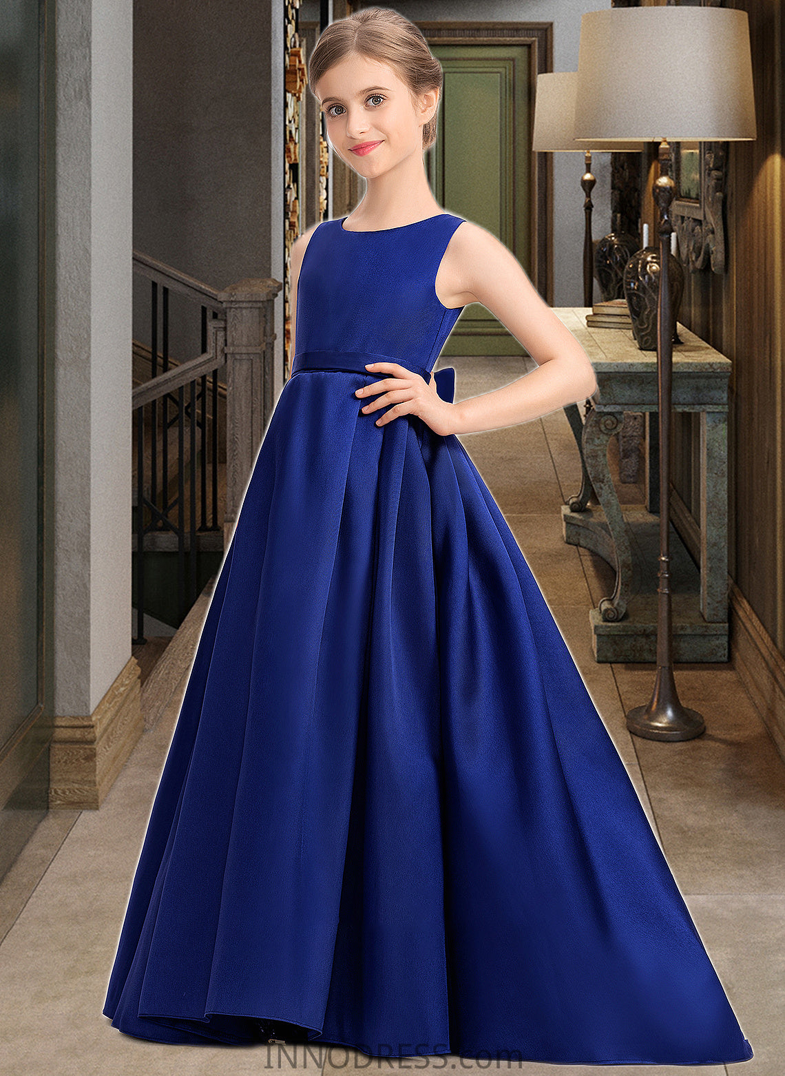 Lainey Ball-Gown/Princess Scoop Neck Sweep Train Satin Junior Bridesmaid Dress With Bow(s) DPP0013628