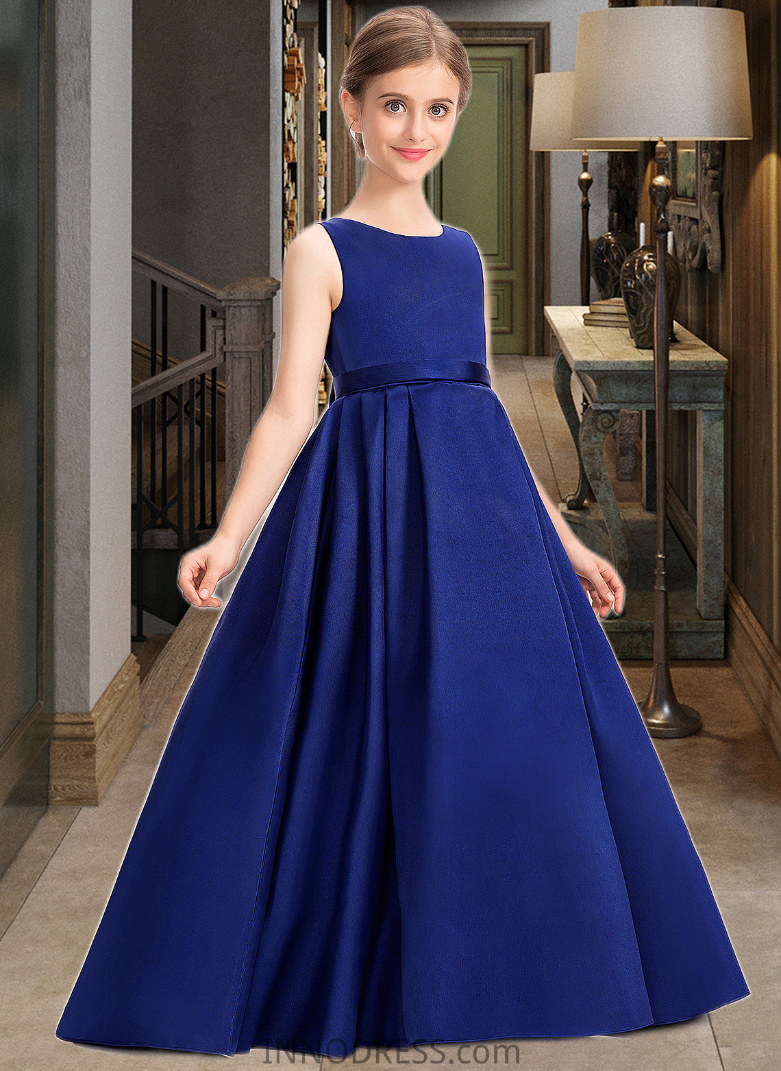 Lainey Ball-Gown/Princess Scoop Neck Sweep Train Satin Junior Bridesmaid Dress With Bow(s) DPP0013628