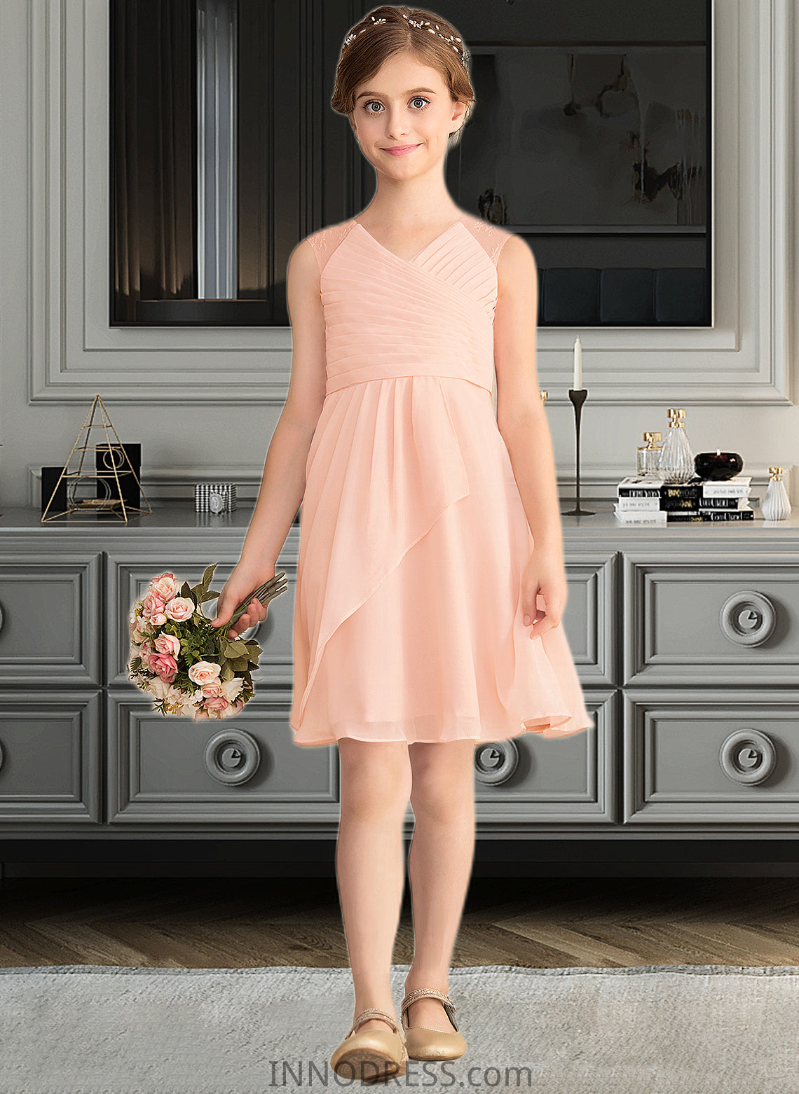 Gill A-Line V-neck Knee-Length Chiffon Lace Junior Bridesmaid Dress With Cascading Ruffles DPP0013630