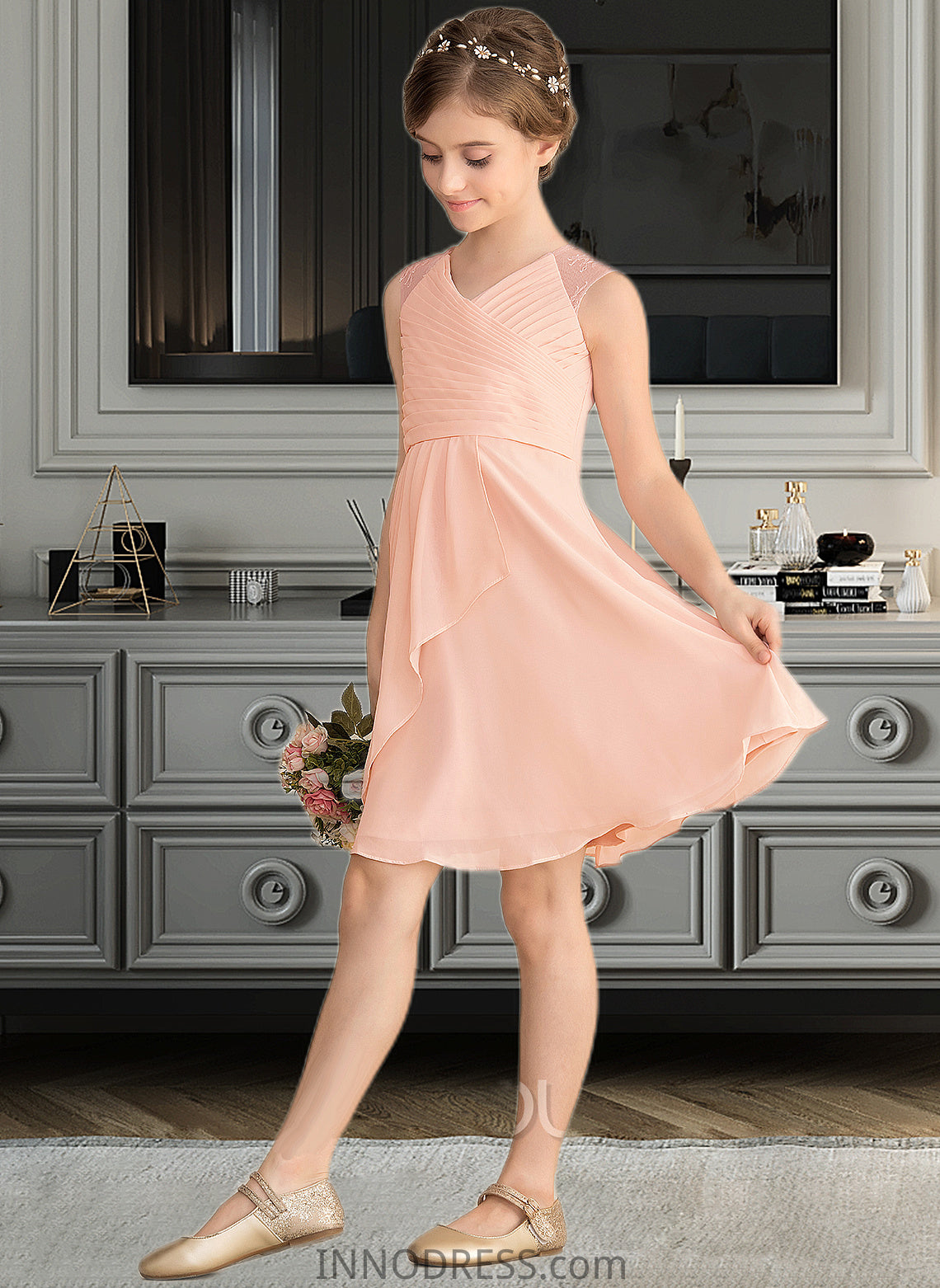 Gill A-Line V-neck Knee-Length Chiffon Lace Junior Bridesmaid Dress With Cascading Ruffles DPP0013630