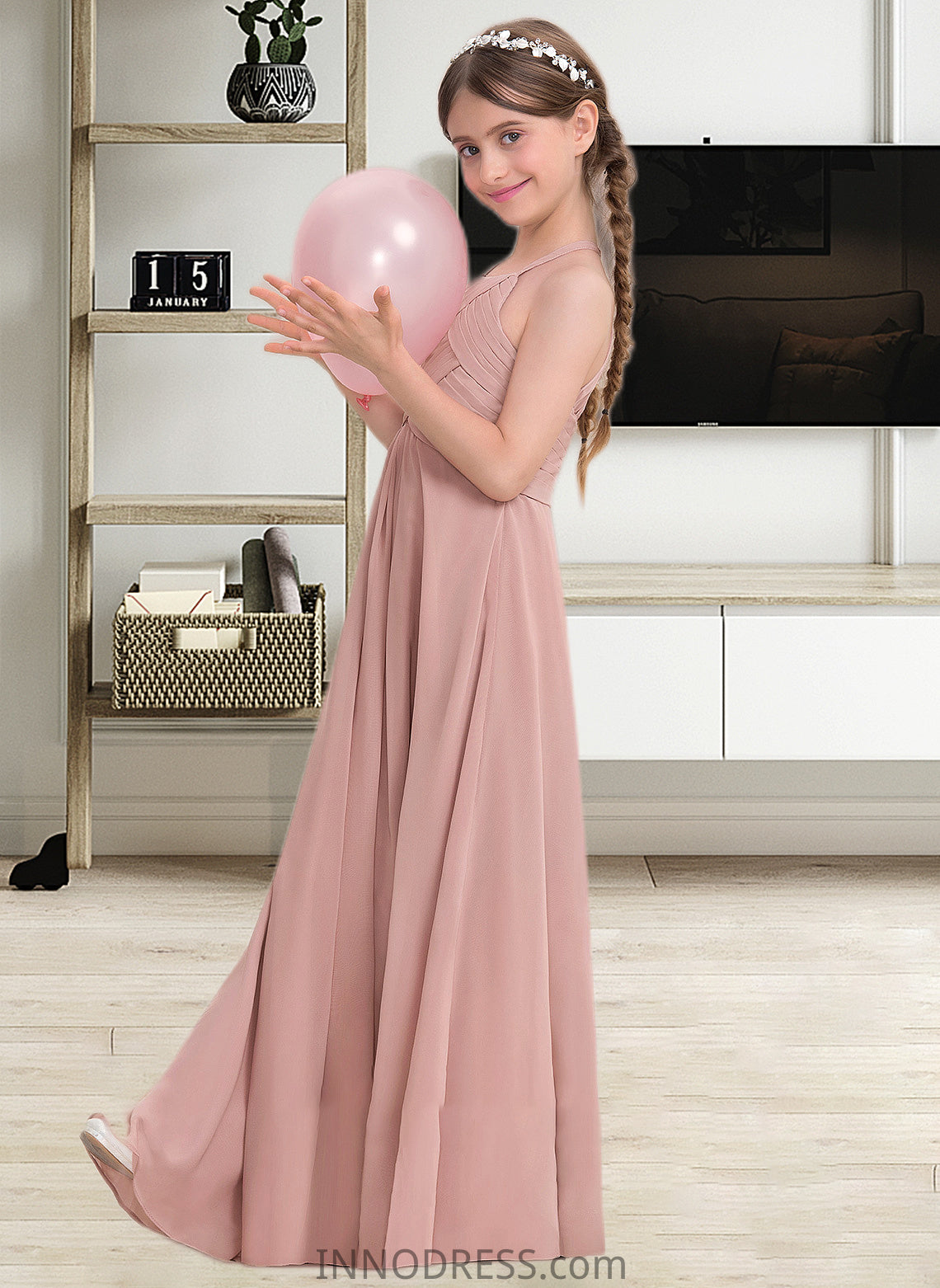 Mira A-Line Scoop Neck Floor-Length Chiffon Junior Bridesmaid Dress With Ruffle DPP0013632