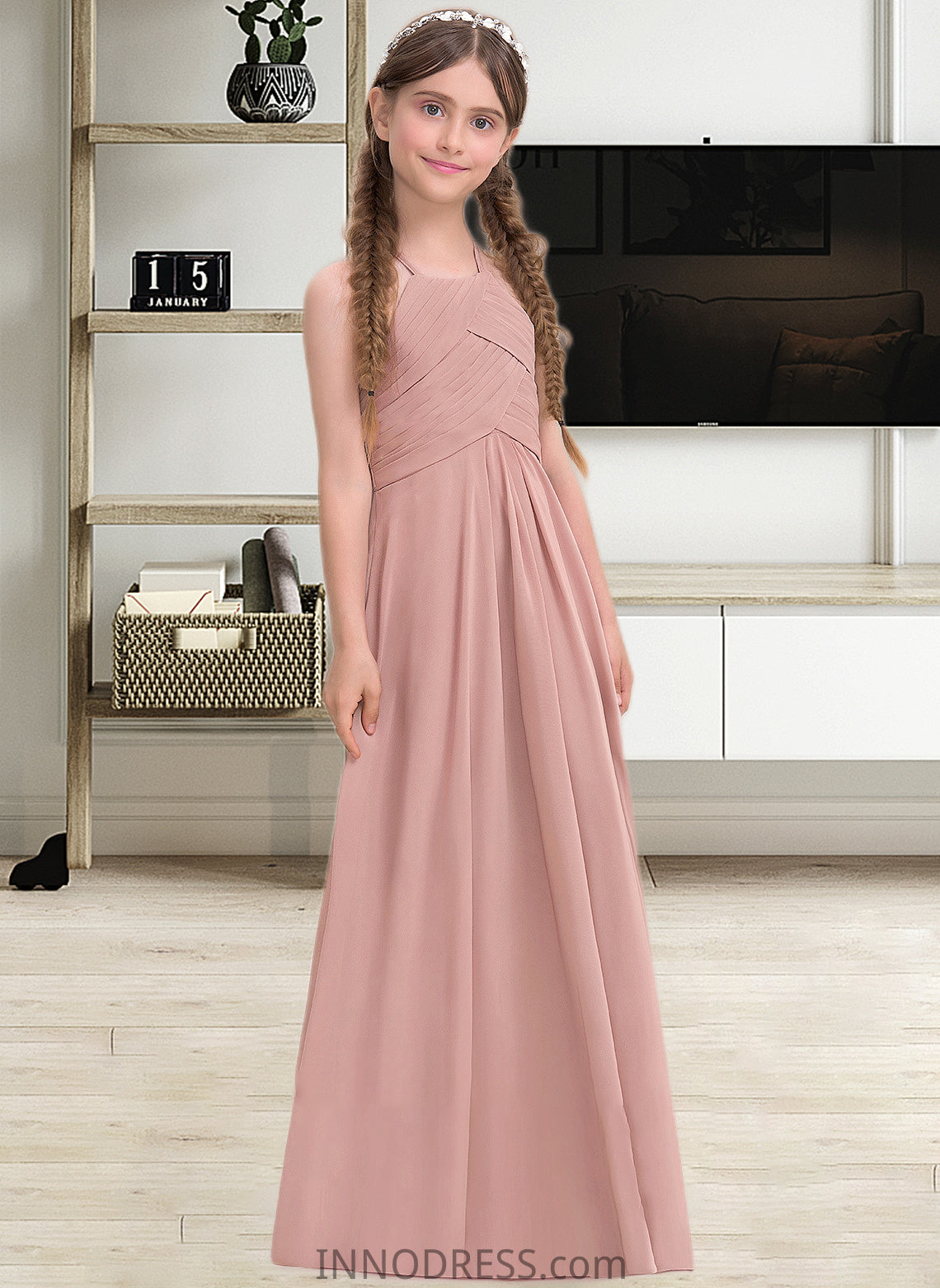 Mira A-Line Scoop Neck Floor-Length Chiffon Junior Bridesmaid Dress With Ruffle DPP0013632