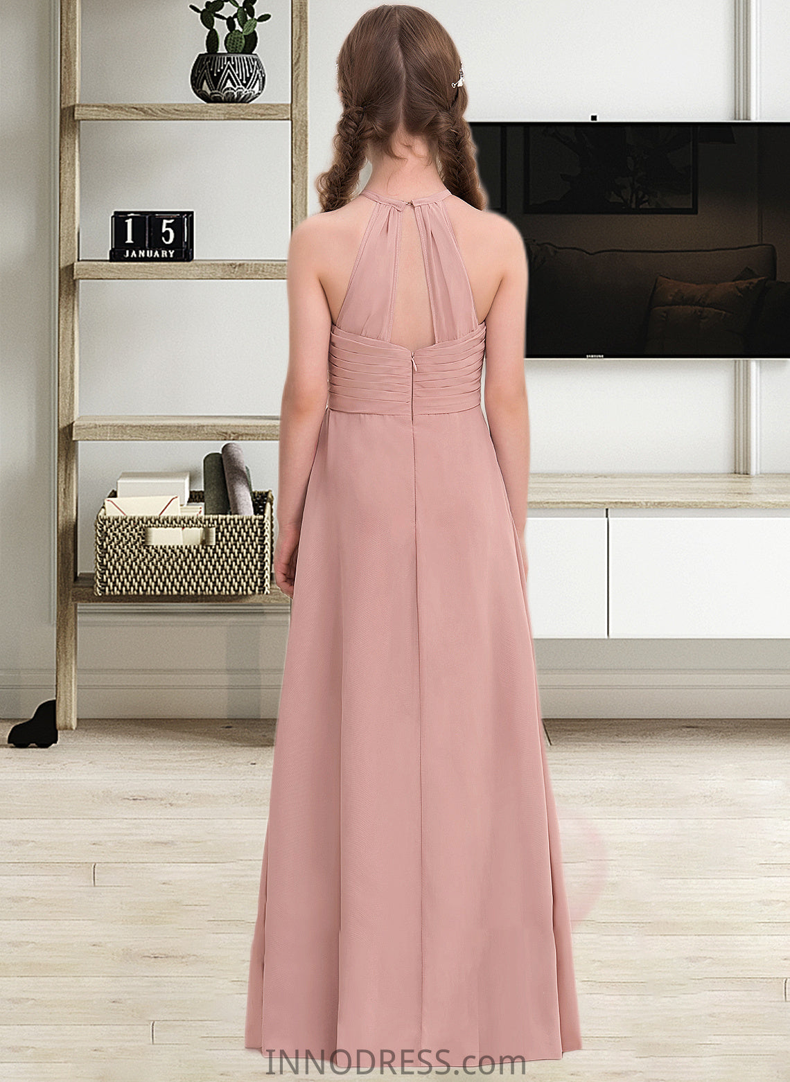 Mira A-Line Scoop Neck Floor-Length Chiffon Junior Bridesmaid Dress With Ruffle DPP0013632