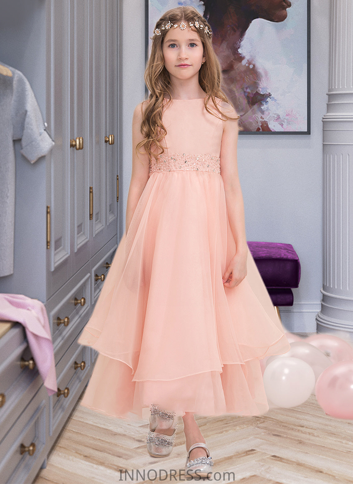 Marin A-Line Scoop Neck Ankle-Length Organza Junior Bridesmaid Dress With Beading Sequins DPP0013633