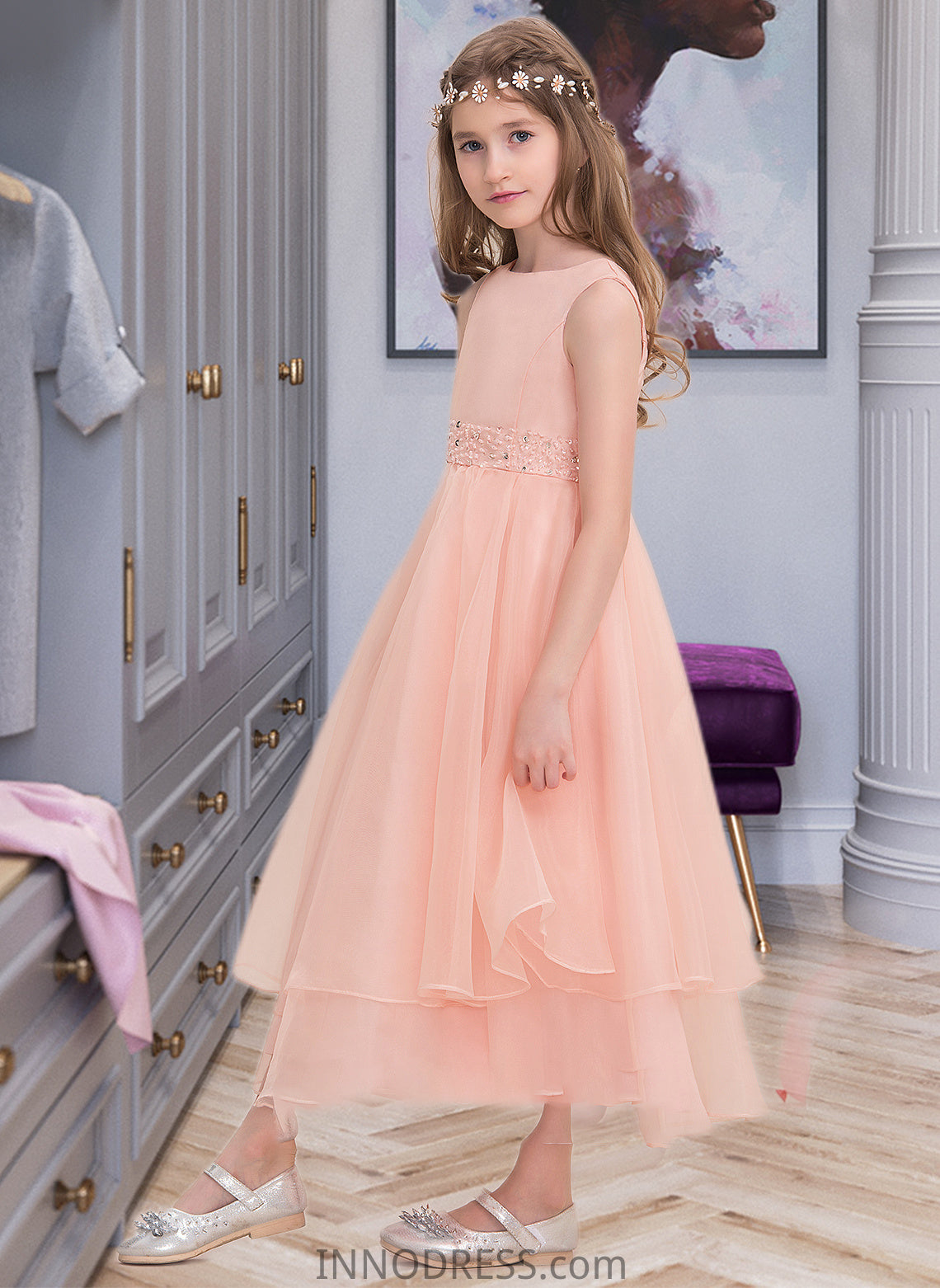 Marin A-Line Scoop Neck Ankle-Length Organza Junior Bridesmaid Dress With Beading Sequins DPP0013633