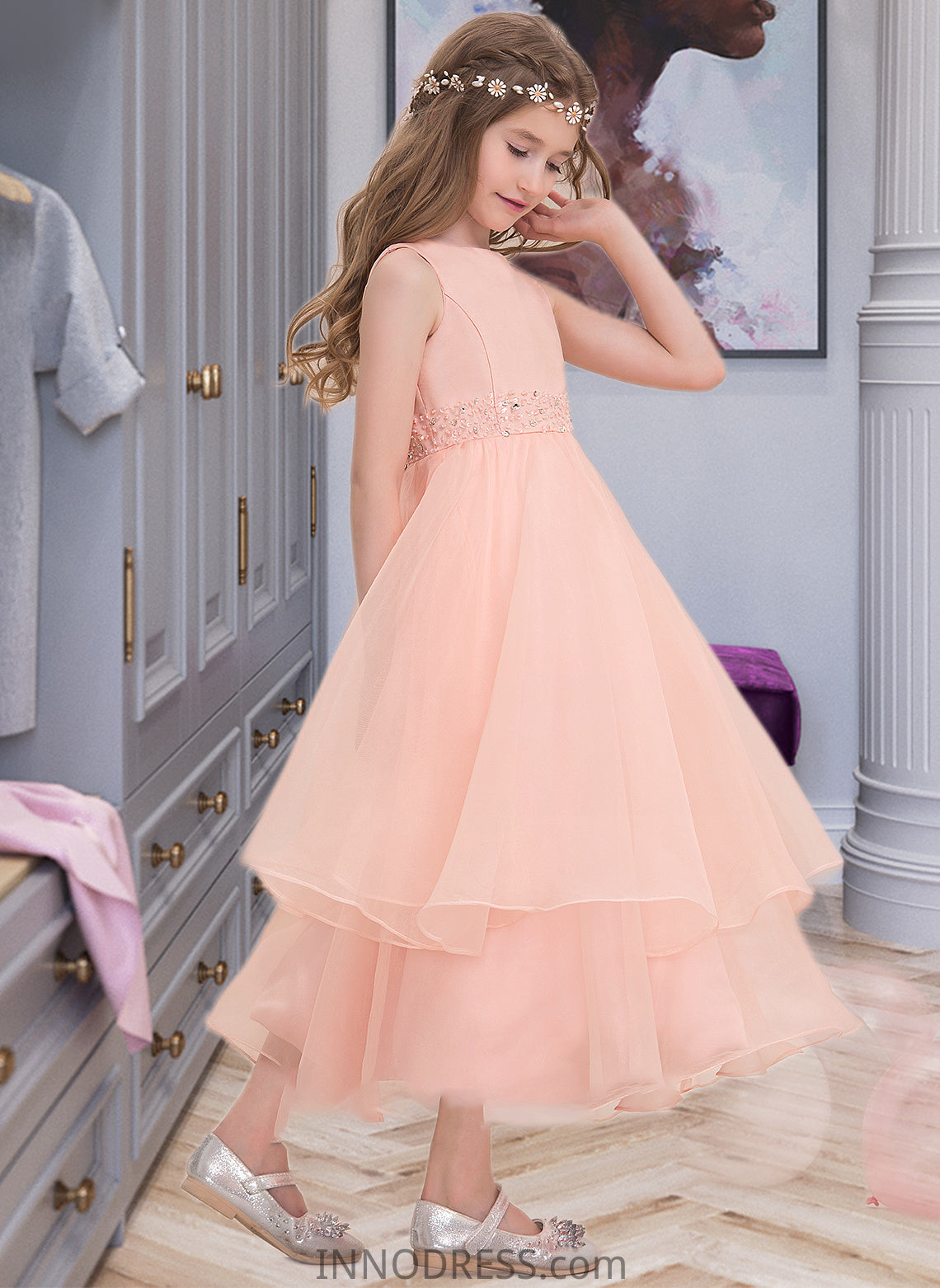 Marin A-Line Scoop Neck Ankle-Length Organza Junior Bridesmaid Dress With Beading Sequins DPP0013633