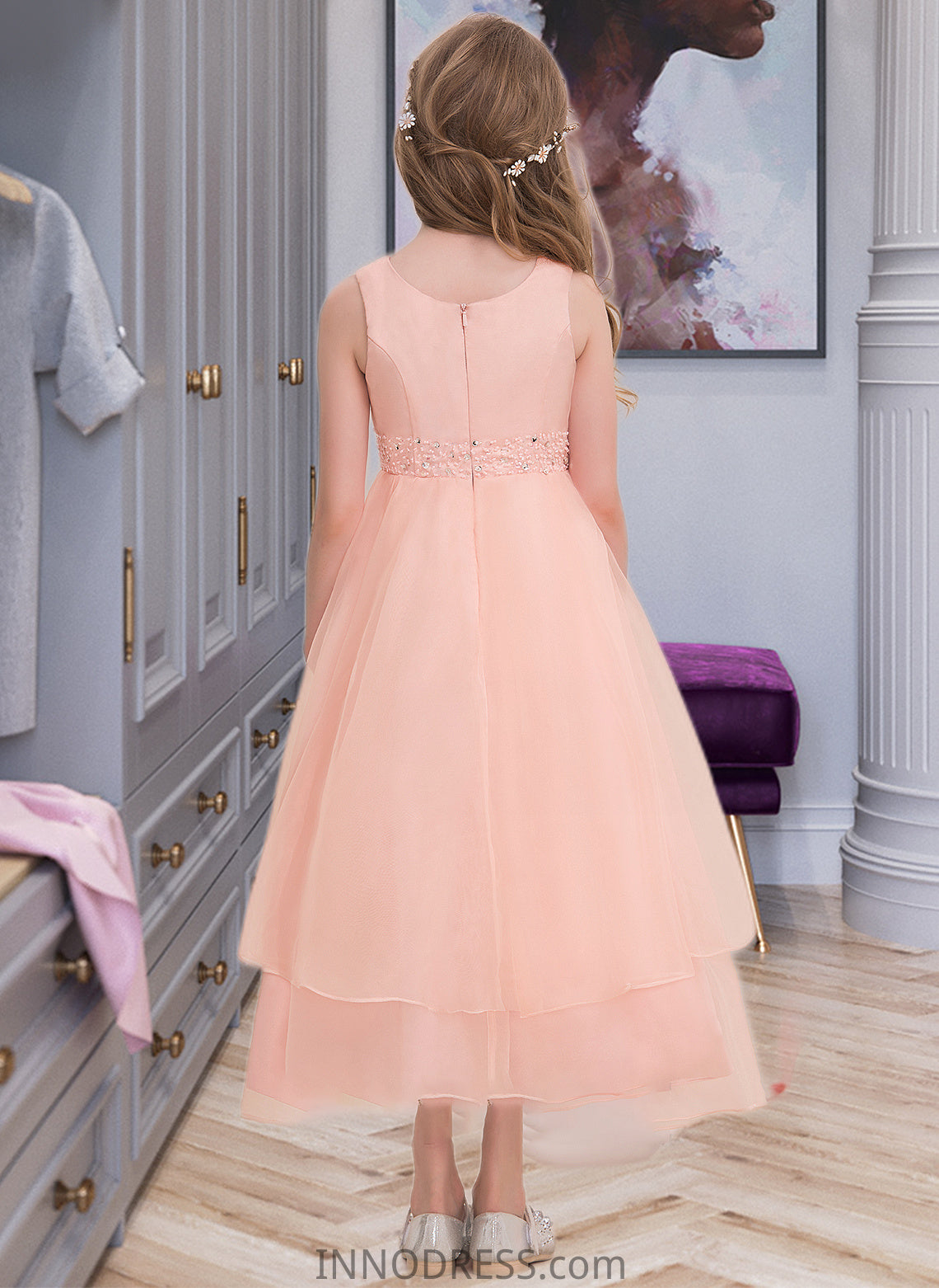 Marin A-Line Scoop Neck Ankle-Length Organza Junior Bridesmaid Dress With Beading Sequins DPP0013633