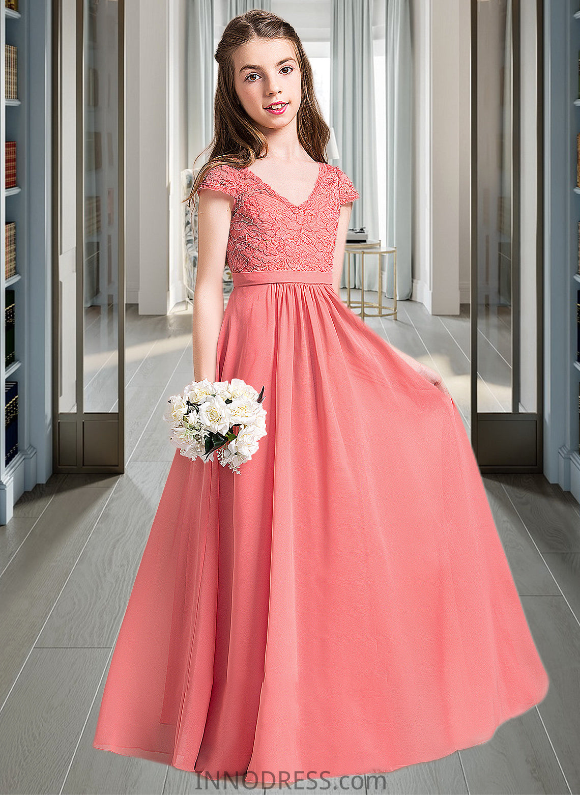 Micaela A-Line V-neck Floor-Length Chiffon Lace Junior Bridesmaid Dress DPP0013634