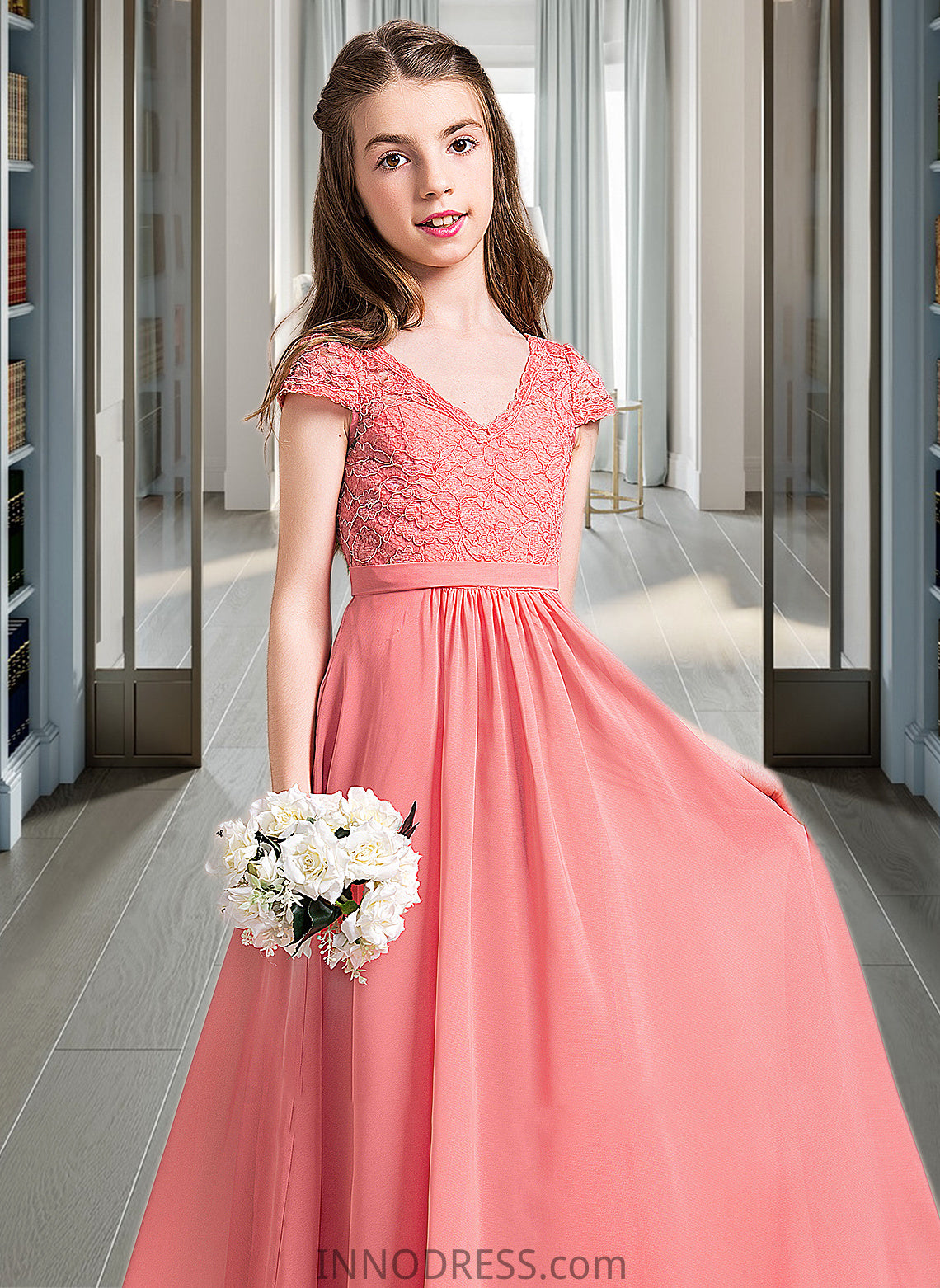 Micaela A-Line V-neck Floor-Length Chiffon Lace Junior Bridesmaid Dress DPP0013634