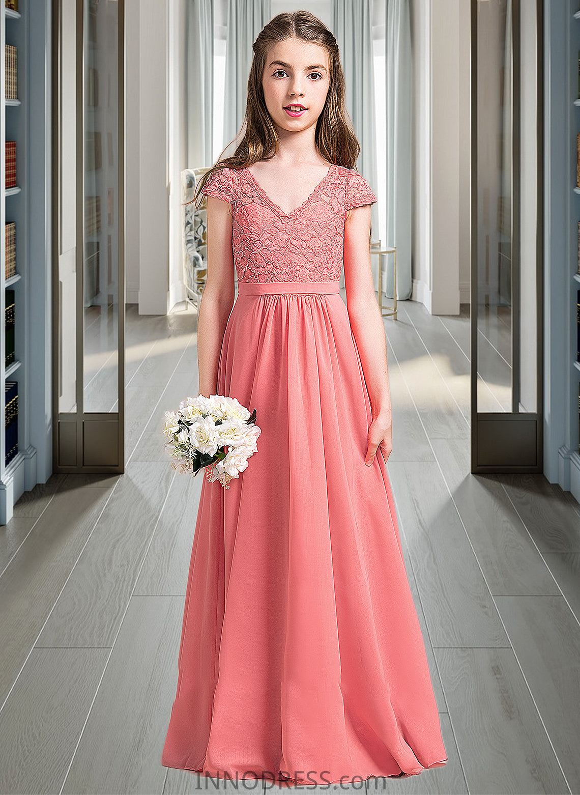 Micaela A-Line V-neck Floor-Length Chiffon Lace Junior Bridesmaid Dress DPP0013634