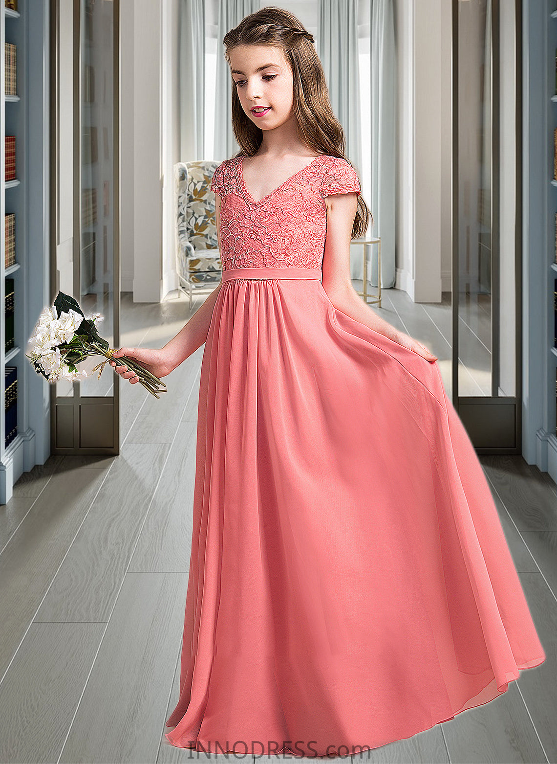 Micaela A-Line V-neck Floor-Length Chiffon Lace Junior Bridesmaid Dress DPP0013634