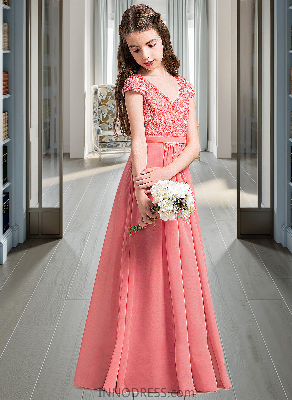 Micaela A-Line V-neck Floor-Length Chiffon Lace Junior Bridesmaid Dress DPP0013634