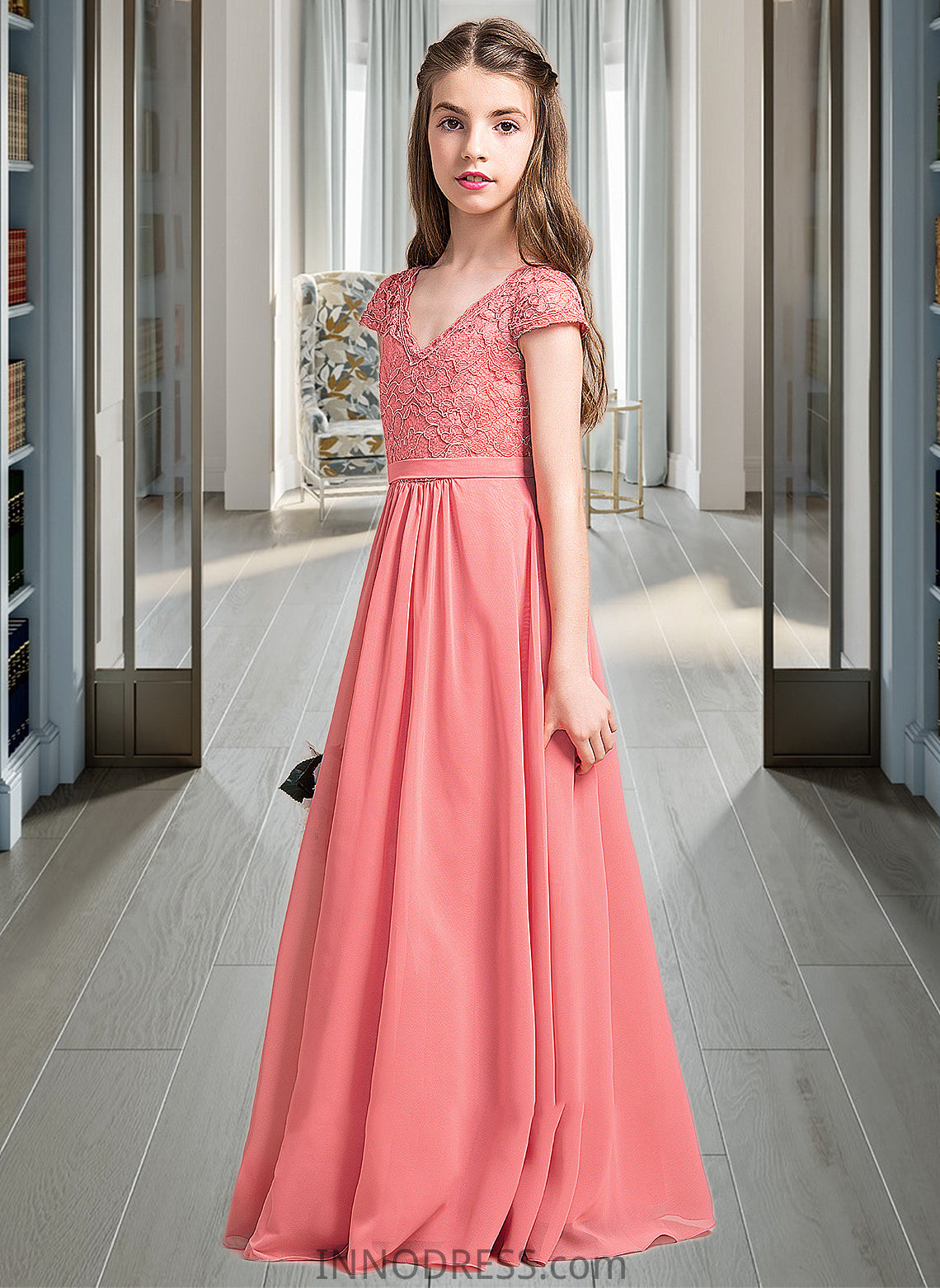 Micaela A-Line V-neck Floor-Length Chiffon Lace Junior Bridesmaid Dress DPP0013634