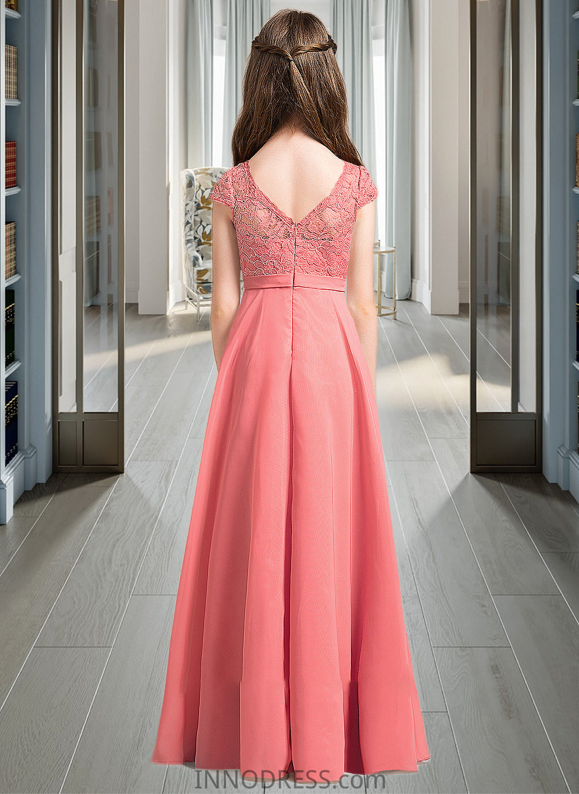 Micaela A-Line V-neck Floor-Length Chiffon Lace Junior Bridesmaid Dress DPP0013634