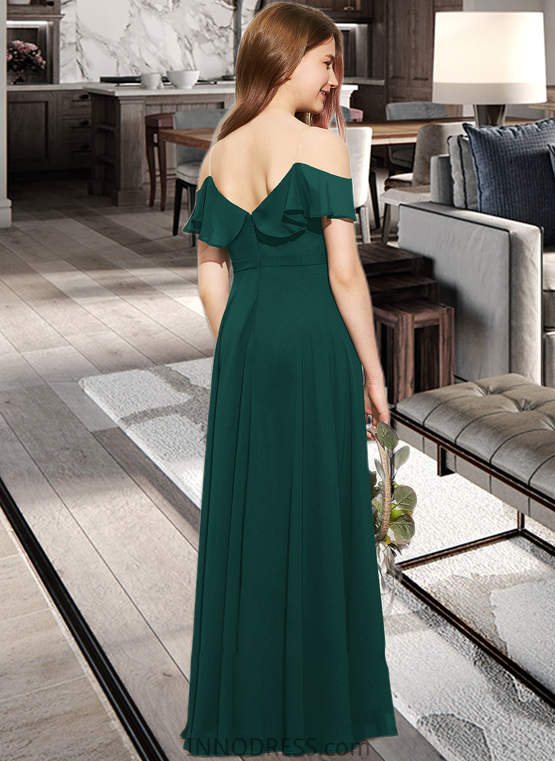 Daphne A-Line Off-the-Shoulder Floor-Length Chiffon Junior Bridesmaid Dress With Cascading Ruffles DPP0013635