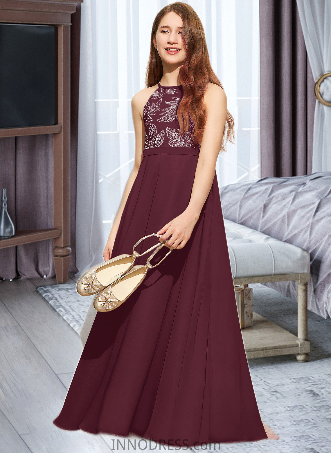 Isabelle A-Line Scoop Neck Floor-Length Chiffon Lace Junior Bridesmaid Dress With Bow(s) DPP0013637