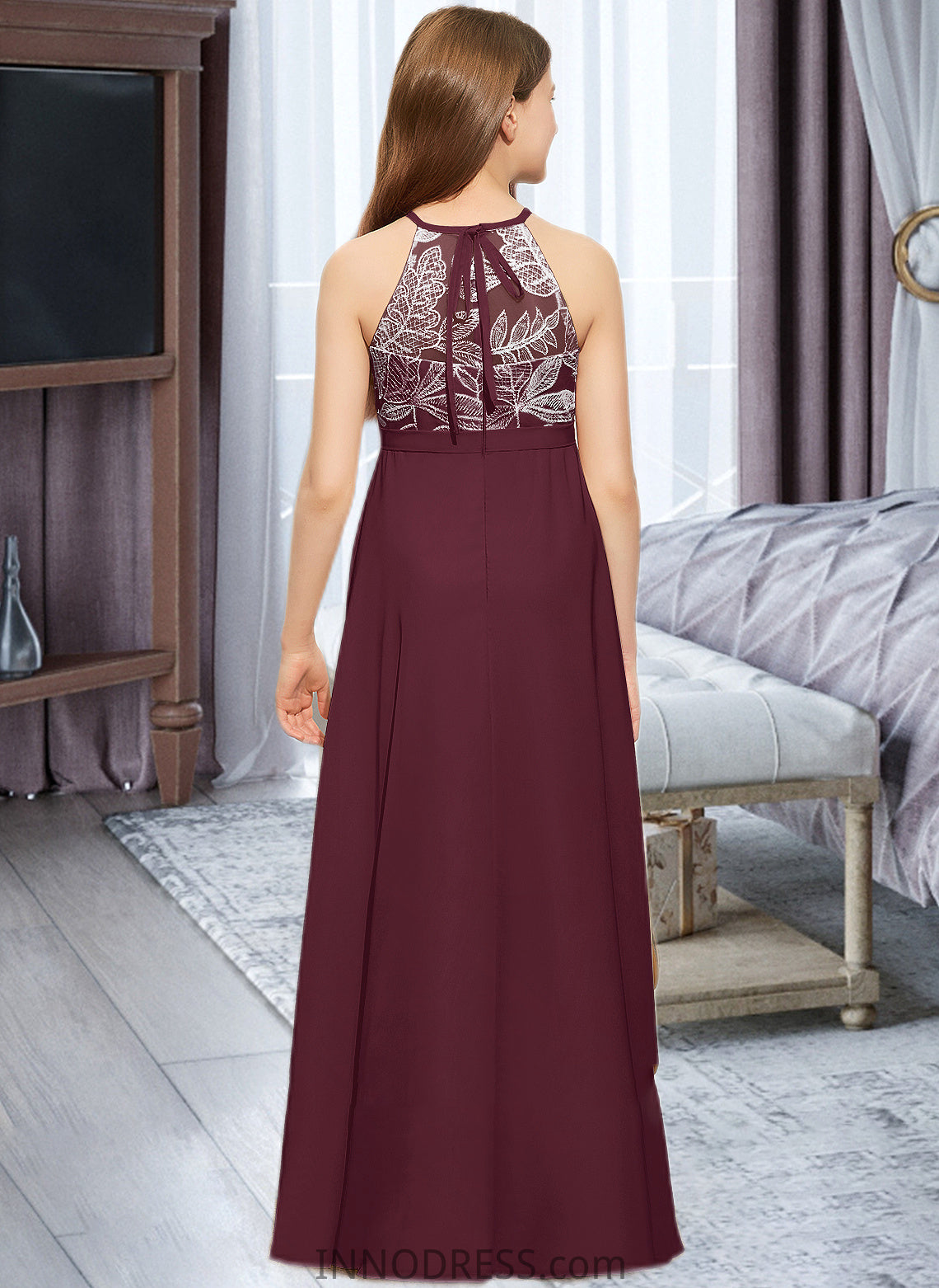 Isabelle A-Line Scoop Neck Floor-Length Chiffon Lace Junior Bridesmaid Dress With Bow(s) DPP0013637