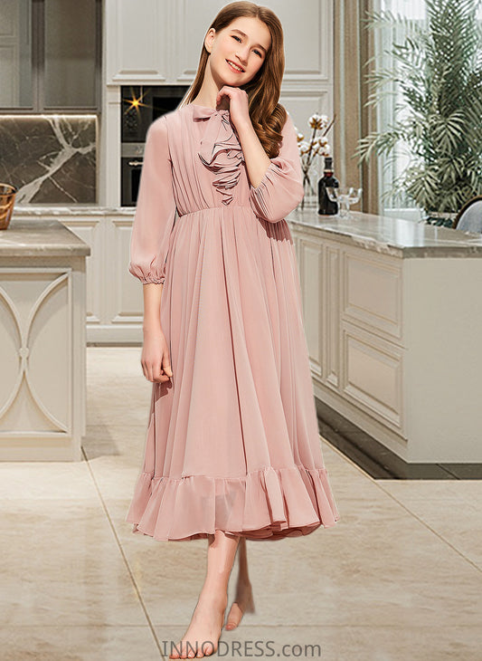 Mia A-Line Scoop Neck Tea-Length Chiffon Junior Bridesmaid Dress With Bow(s) Cascading Ruffles DPP0013638