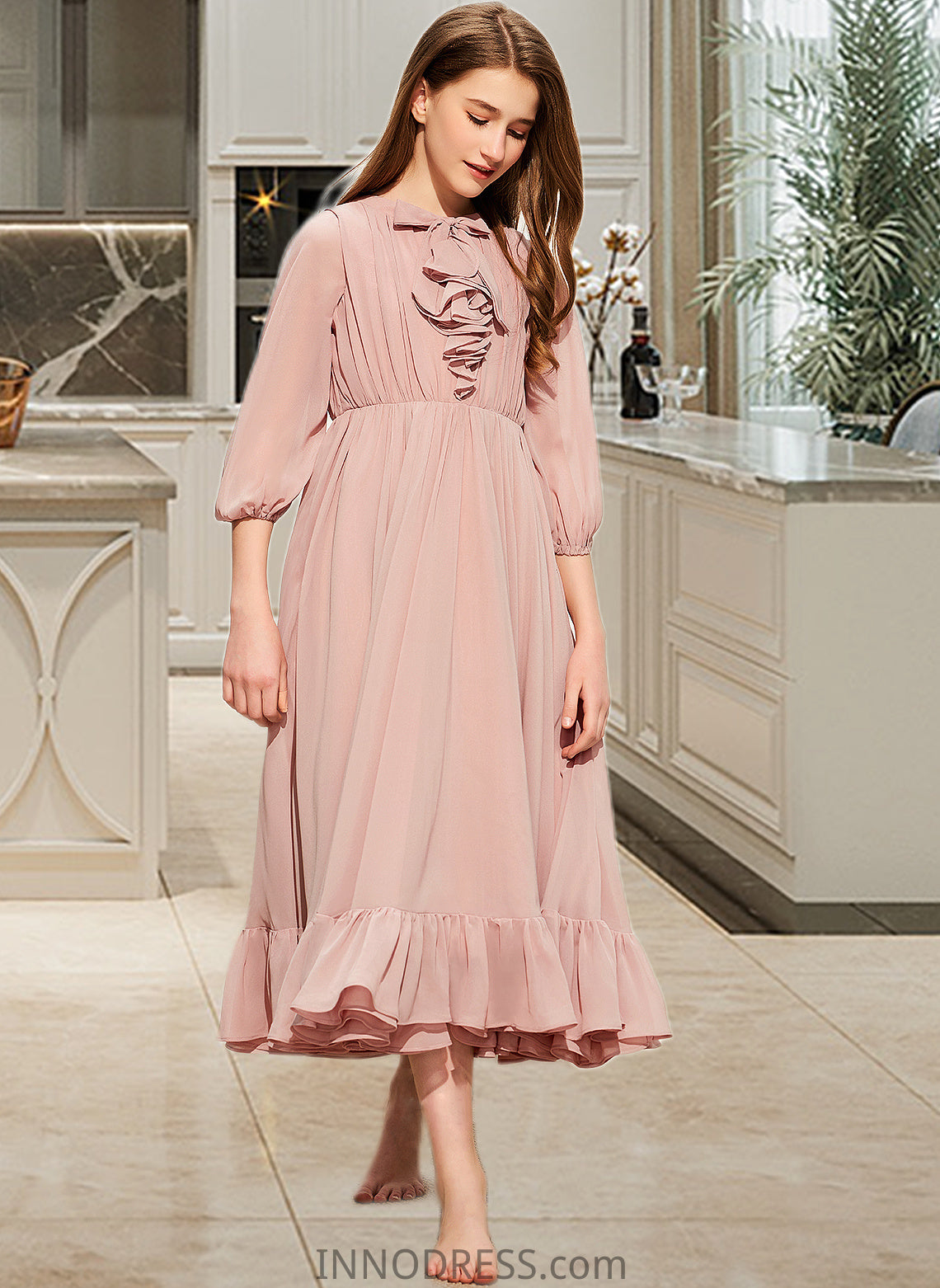 Mia A-Line Scoop Neck Tea-Length Chiffon Junior Bridesmaid Dress With Bow(s) Cascading Ruffles DPP0013638