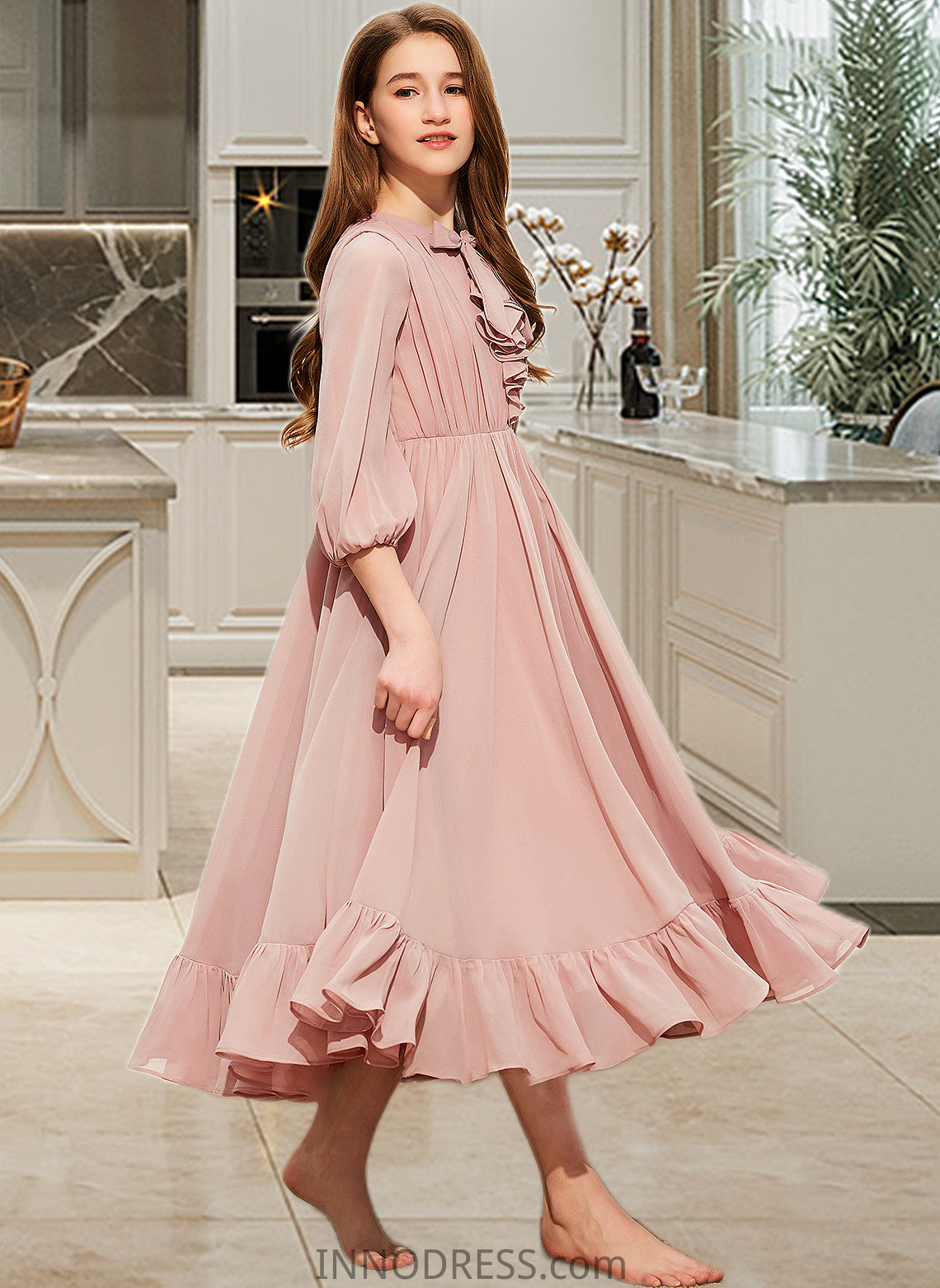 Mia A-Line Scoop Neck Tea-Length Chiffon Junior Bridesmaid Dress With Bow(s) Cascading Ruffles DPP0013638