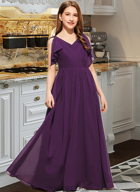 Madalynn A-Line V-neck Floor-Length Chiffon Junior Bridesmaid Dress With Bow(s) Cascading Ruffles DPP0013639