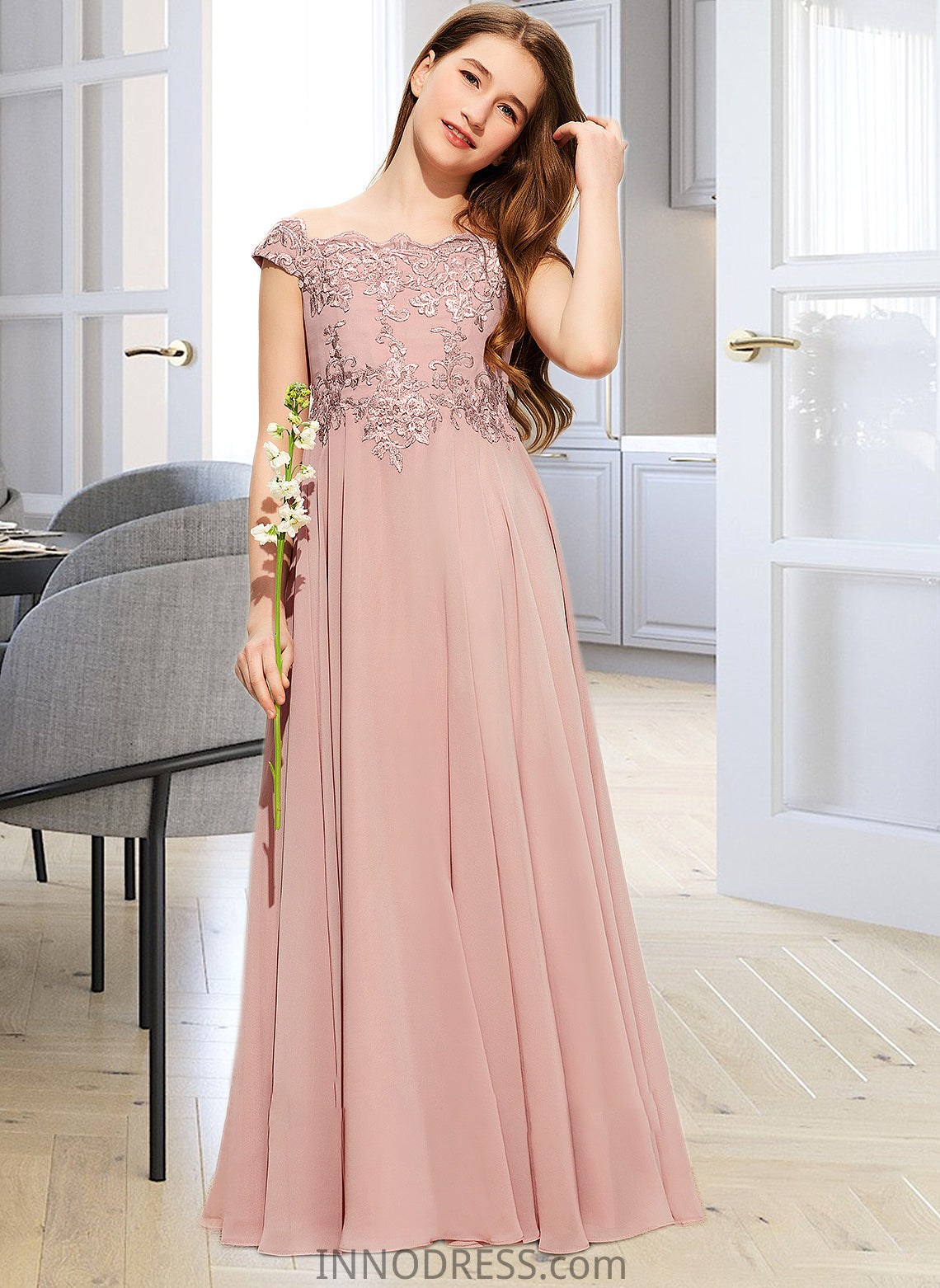 Moriah A-Line Off-the-Shoulder Floor-Length Chiffon Lace Junior Bridesmaid Dress DPP0013640