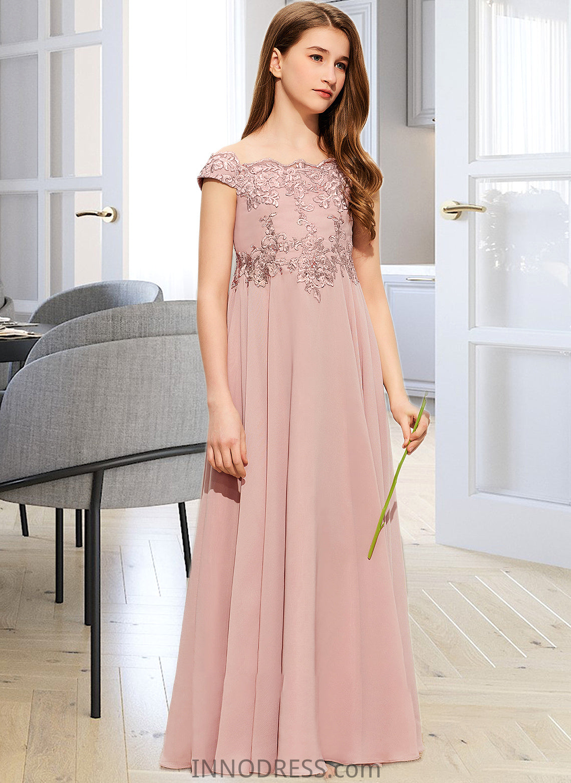 Moriah A-Line Off-the-Shoulder Floor-Length Chiffon Lace Junior Bridesmaid Dress DPP0013640