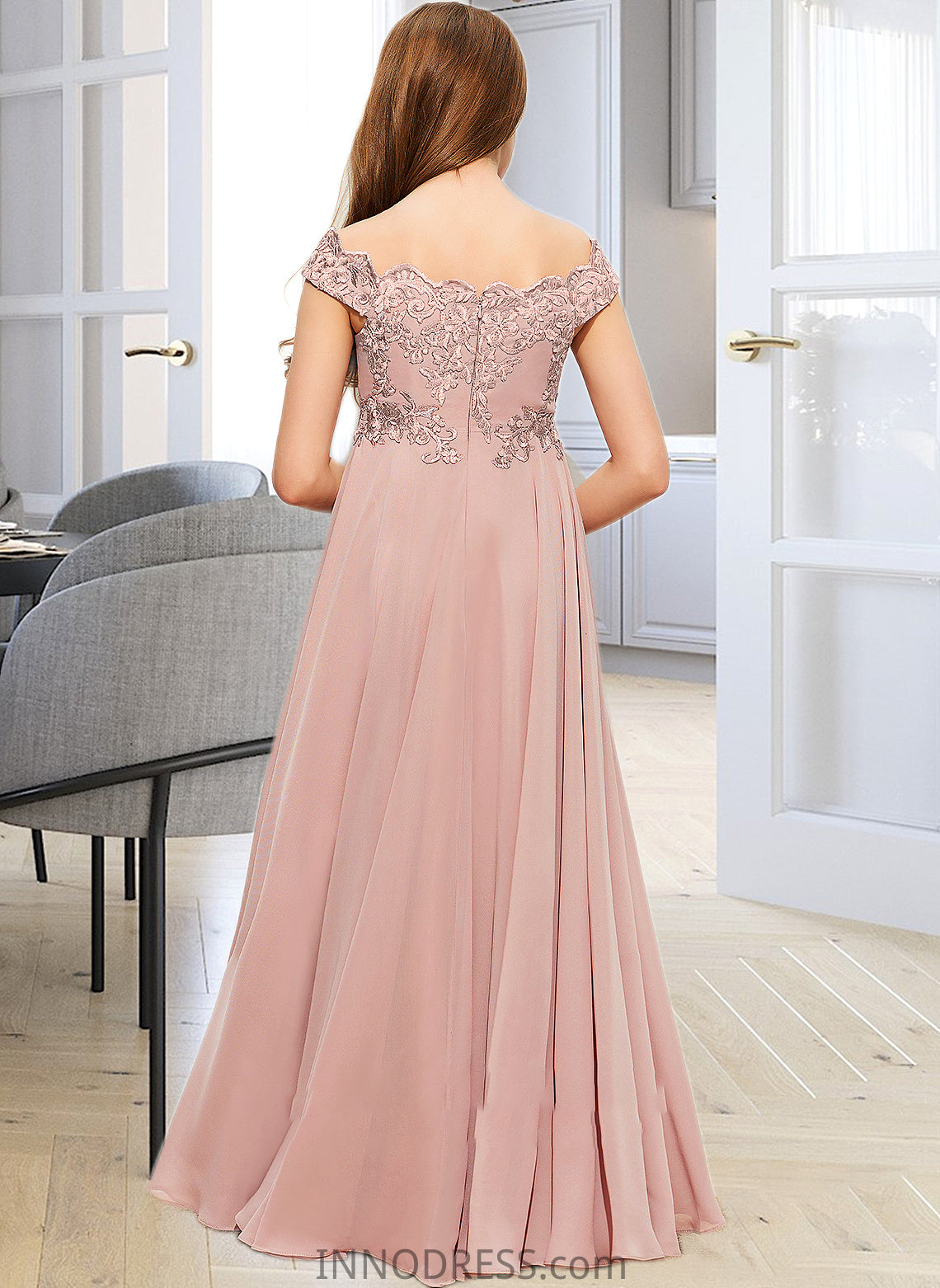 Moriah A-Line Off-the-Shoulder Floor-Length Chiffon Lace Junior Bridesmaid Dress DPP0013640