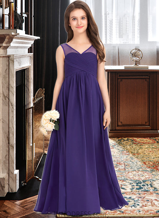 Kamari A-Line V-neck Floor-Length Chiffon Junior Bridesmaid Dress With Ruffle DPP0013642