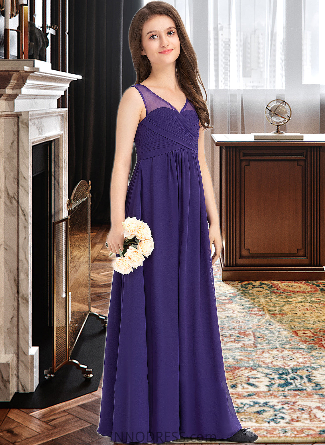 Kamari A-Line V-neck Floor-Length Chiffon Junior Bridesmaid Dress With Ruffle DPP0013642