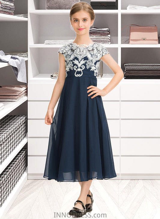 Wendy A-Line Scoop Neck Tea-Length Chiffon Lace Junior Bridesmaid Dress DPP0013643