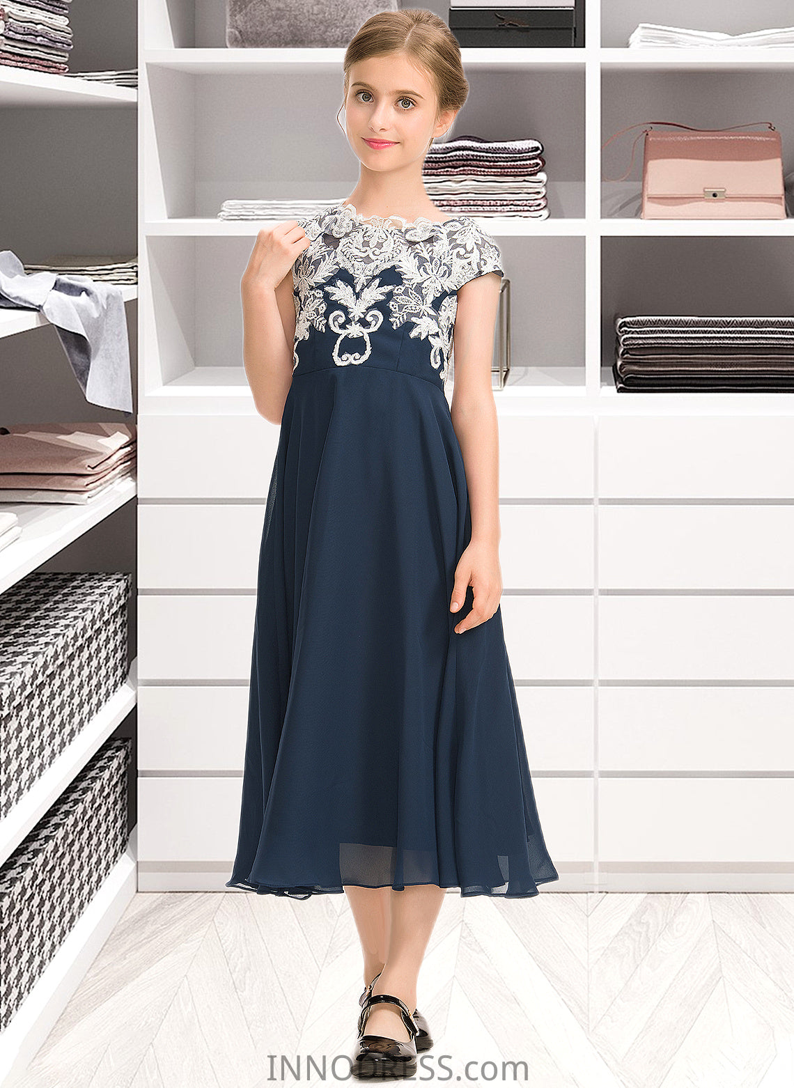 Wendy A-Line Scoop Neck Tea-Length Chiffon Lace Junior Bridesmaid Dress DPP0013643