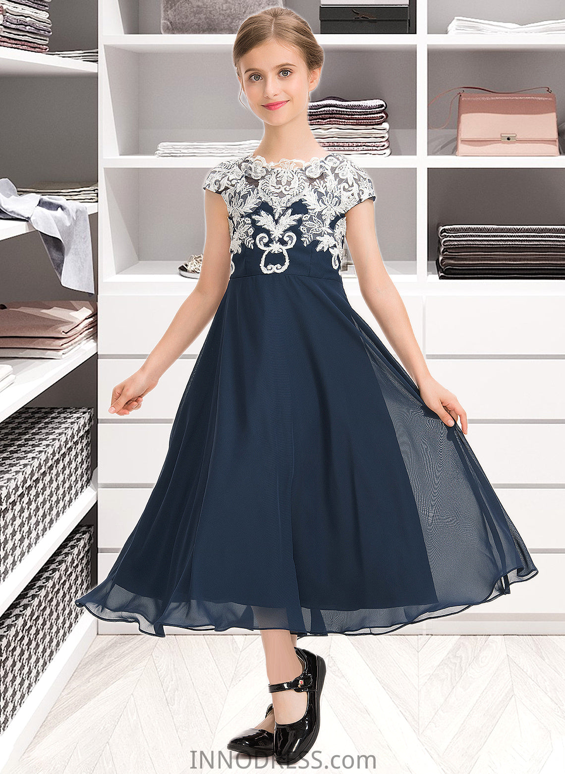 Wendy A-Line Scoop Neck Tea-Length Chiffon Lace Junior Bridesmaid Dress DPP0013643