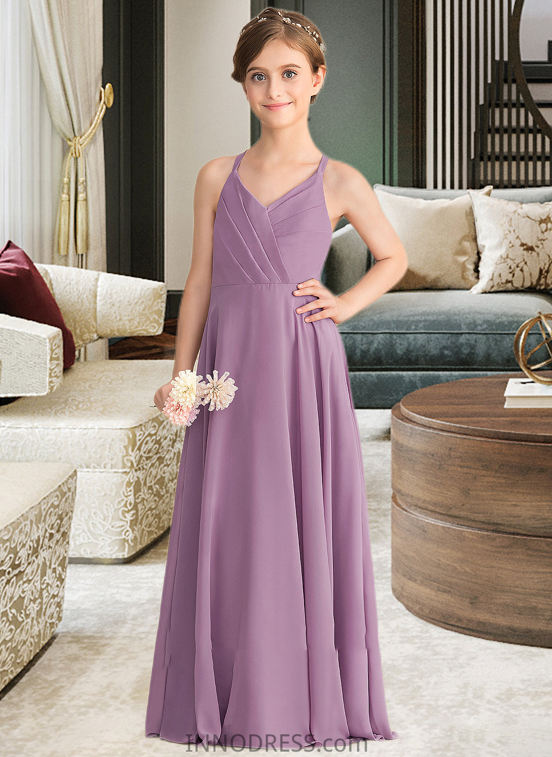 Milagros A-Line V-neck Floor-Length Chiffon Junior Bridesmaid Dress With Cascading Ruffles DPP0013644