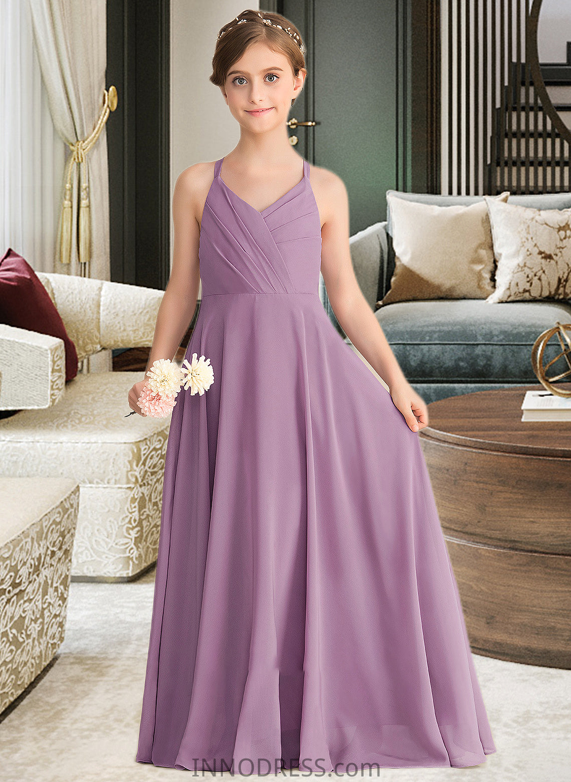 Milagros A-Line V-neck Floor-Length Chiffon Junior Bridesmaid Dress With Cascading Ruffles DPP0013644