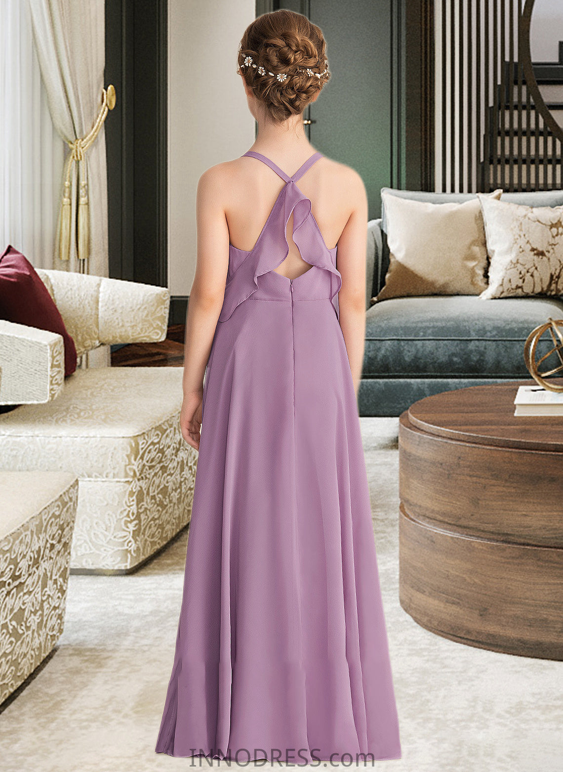 Milagros A-Line V-neck Floor-Length Chiffon Junior Bridesmaid Dress With Cascading Ruffles DPP0013644