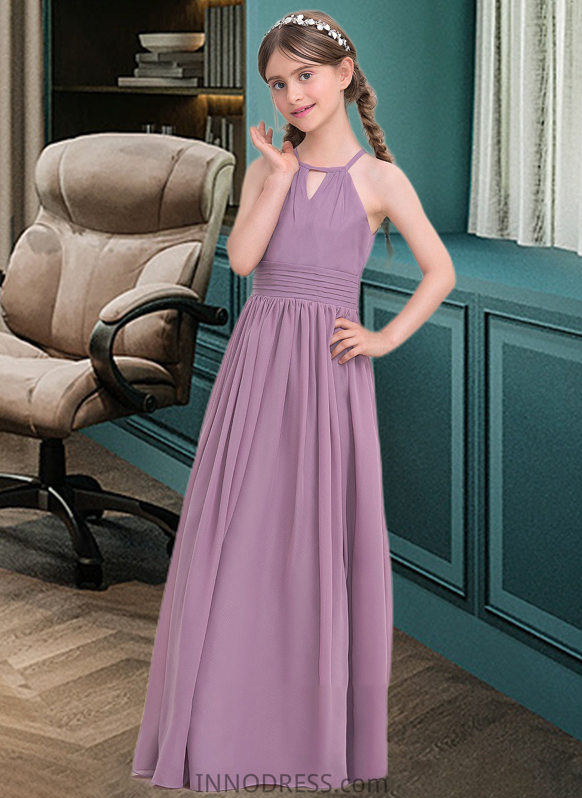 Victoria A-LineScoopNeckFloor-LengthChiffonJuniorBridesmaidDressWithRuffle#119580 DPP0013647