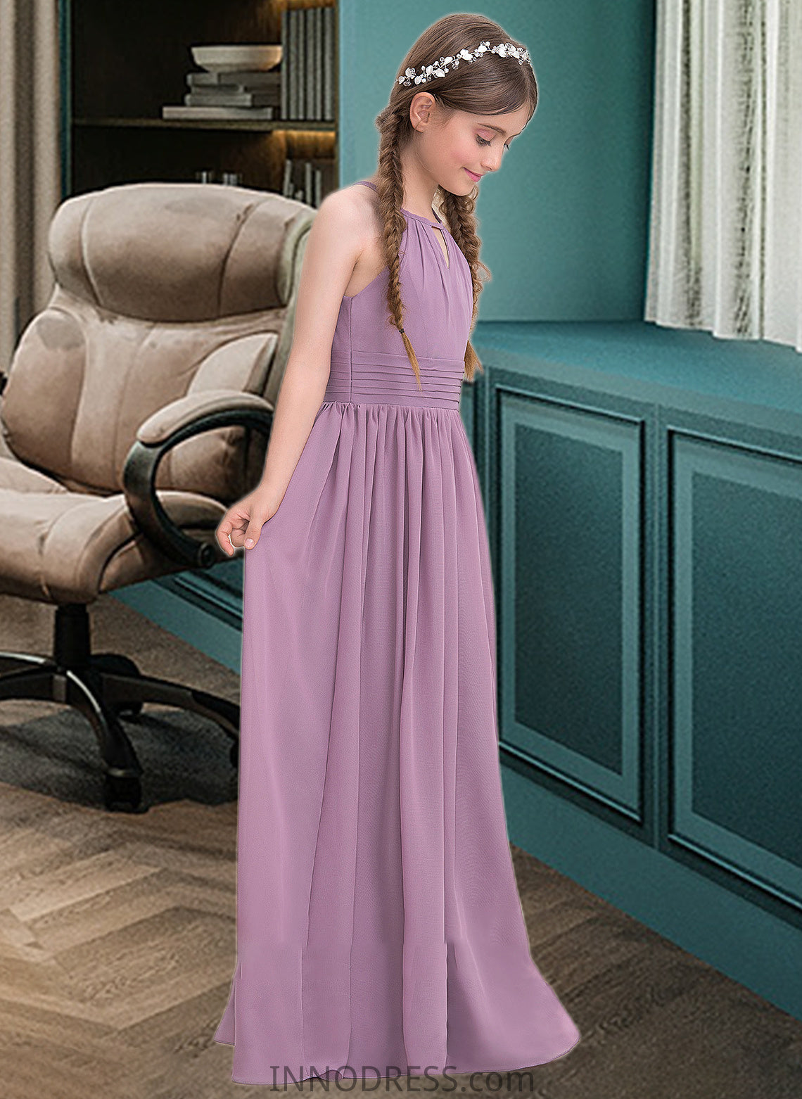 Victoria A-LineScoopNeckFloor-LengthChiffonJuniorBridesmaidDressWithRuffle#119580 DPP0013647