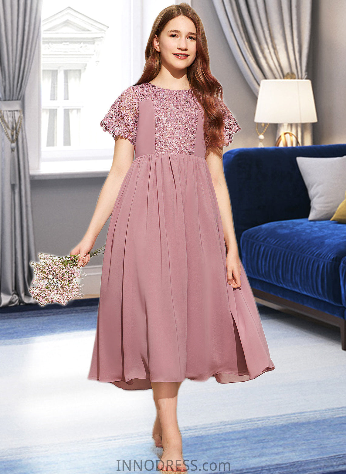 Harper A-Line Scoop Neck Tea-Length Chiffon Lace Junior Bridesmaid Dress DPP0013648