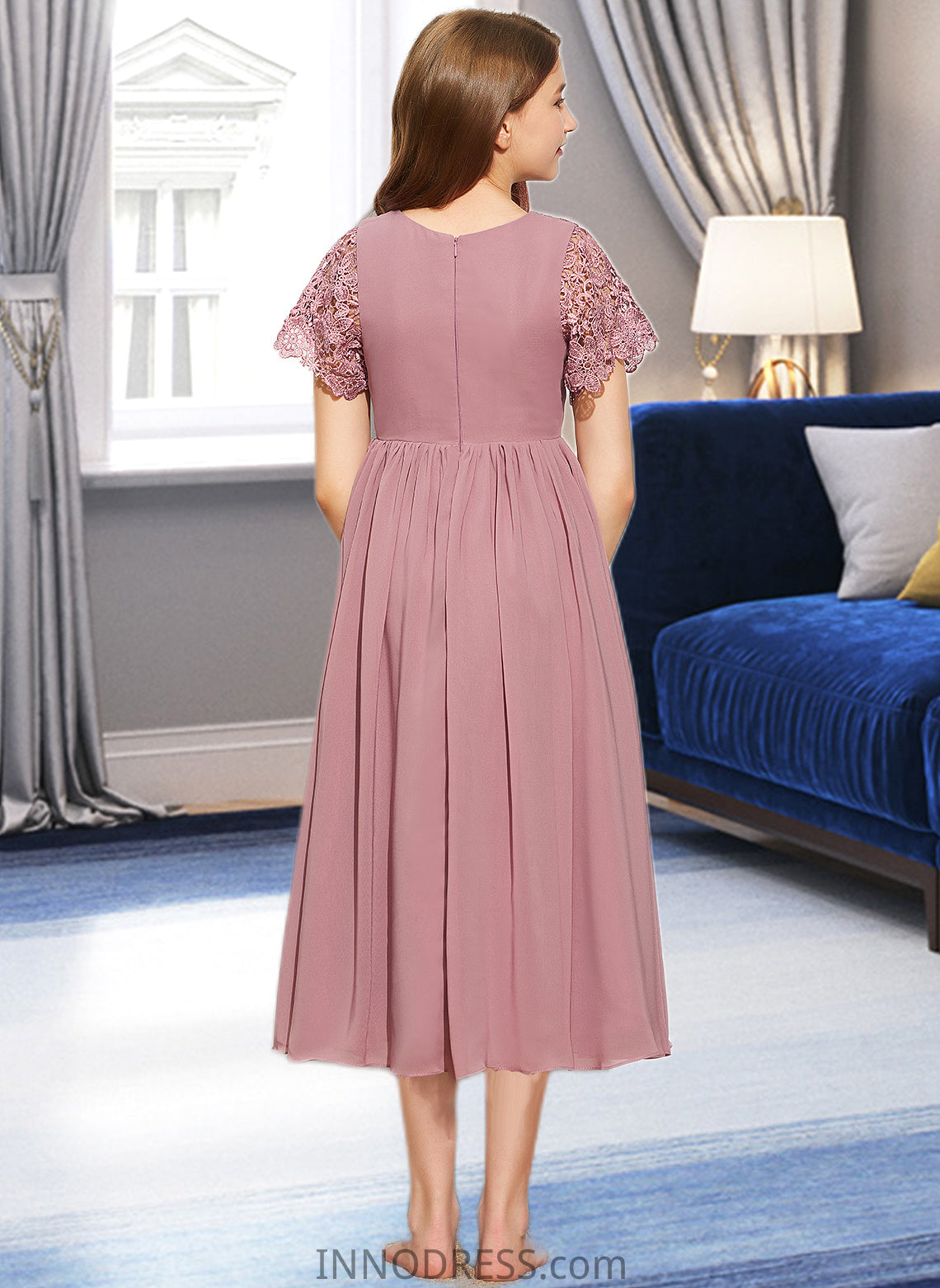 Harper A-Line Scoop Neck Tea-Length Chiffon Lace Junior Bridesmaid Dress DPP0013648