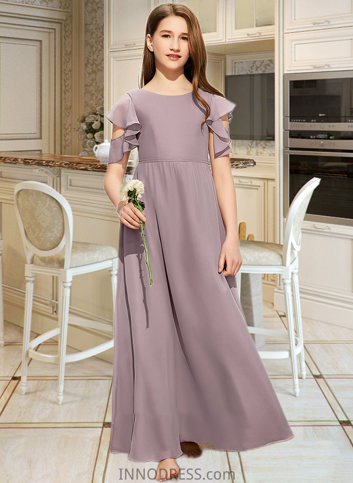 Carlee A-Line Scoop Neck Floor-Length Chiffon Junior Bridesmaid Dress With Cascading Ruffles DPP0013649